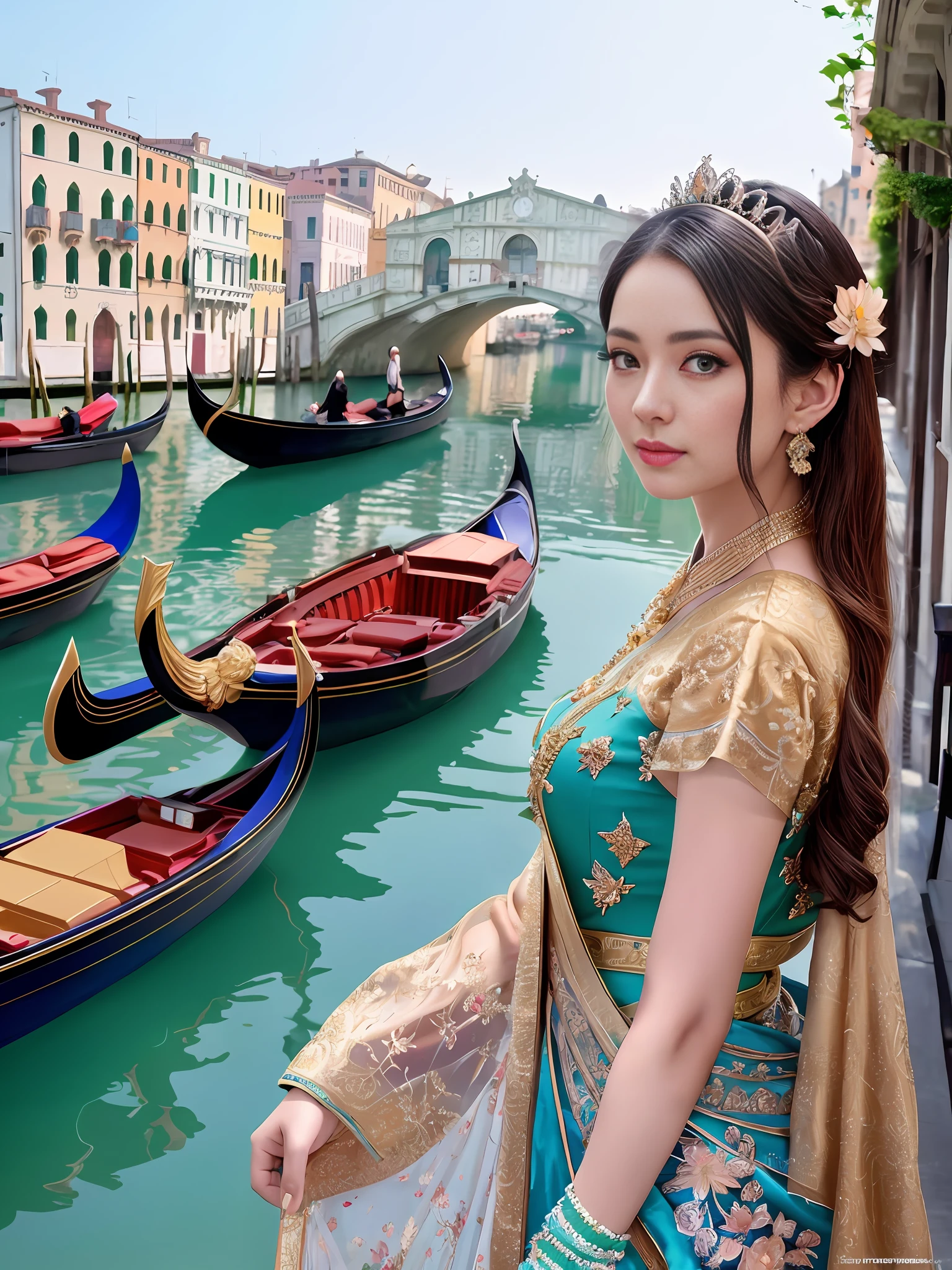 modelshoot style, (extremely detailed CG unity 8k wallpaper), full shot body photo of the most beautiful artwork in the world, stunningly beautiful photo realistic cute women, a hyper realistic ultra detailed photograph of a beautiful girl as a female 2020s dancer on the boat of 2020s Venice,(Bridge Of Sighs background),(princess eyes,shiny pupils), detailed symmetric beautiful hazel eyes, detailed gorgeous face,highly detailed, vibrant,professional majestic oil painting by Ed Blinkey, Atey Ghailan, Studio Ghibli, by Jeremy Mann, Greg Manchess, Antonio Moro, trending on ArtStation, trending on CGSociety, Intricate, High Detail, Sharp focus, dramatic, photorealistic painting art by midjourney and greg rutkowski
