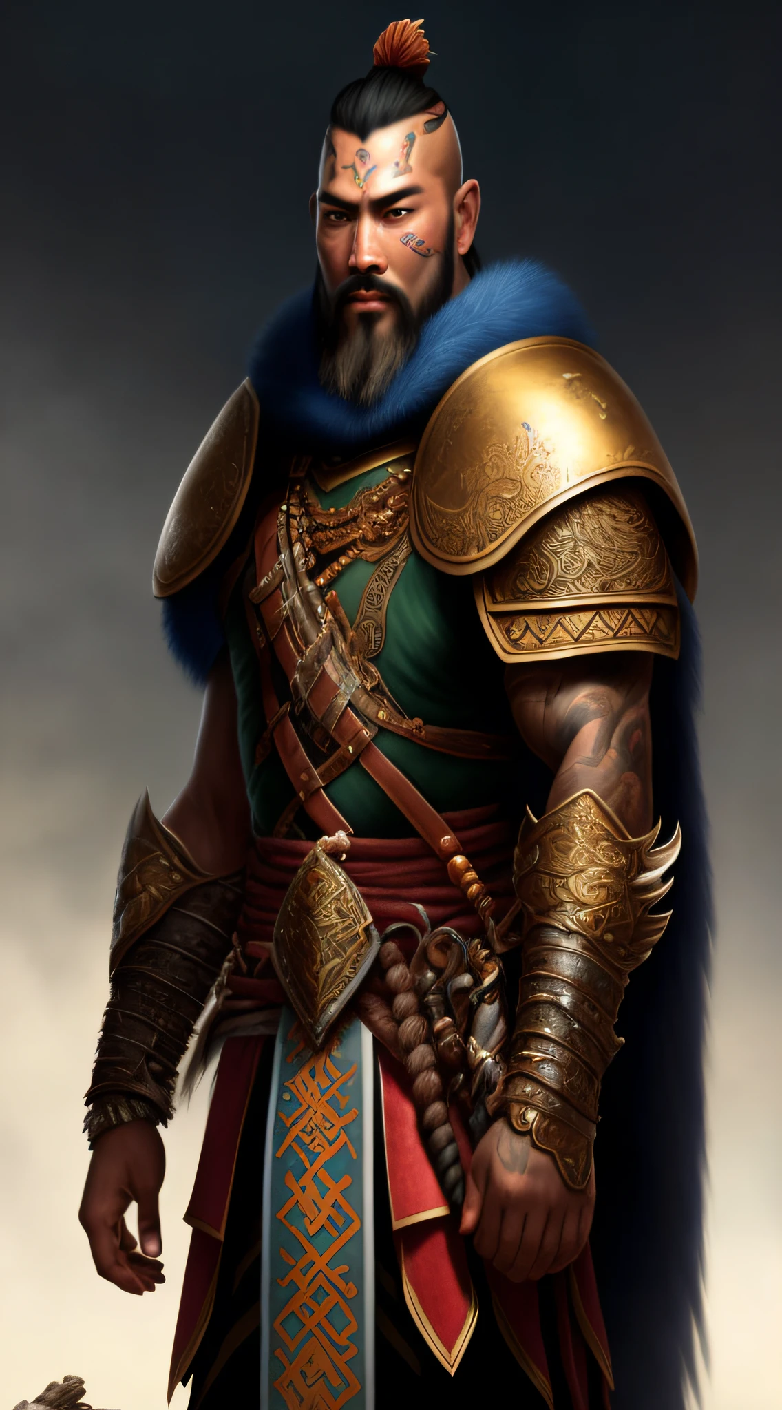 a close up of a man in armor with a sword, guan yu, male warrior, mongol, inspired by Li Kan, portrait of a male warrior, fantasy character portrait, genghis khan, persian warrior, hyperdetailed fantasy character, inspired by Hu Zaobin, picture of an adult male warrior, inspired by Rajmund Kanelba, inspired by Wu Bin
