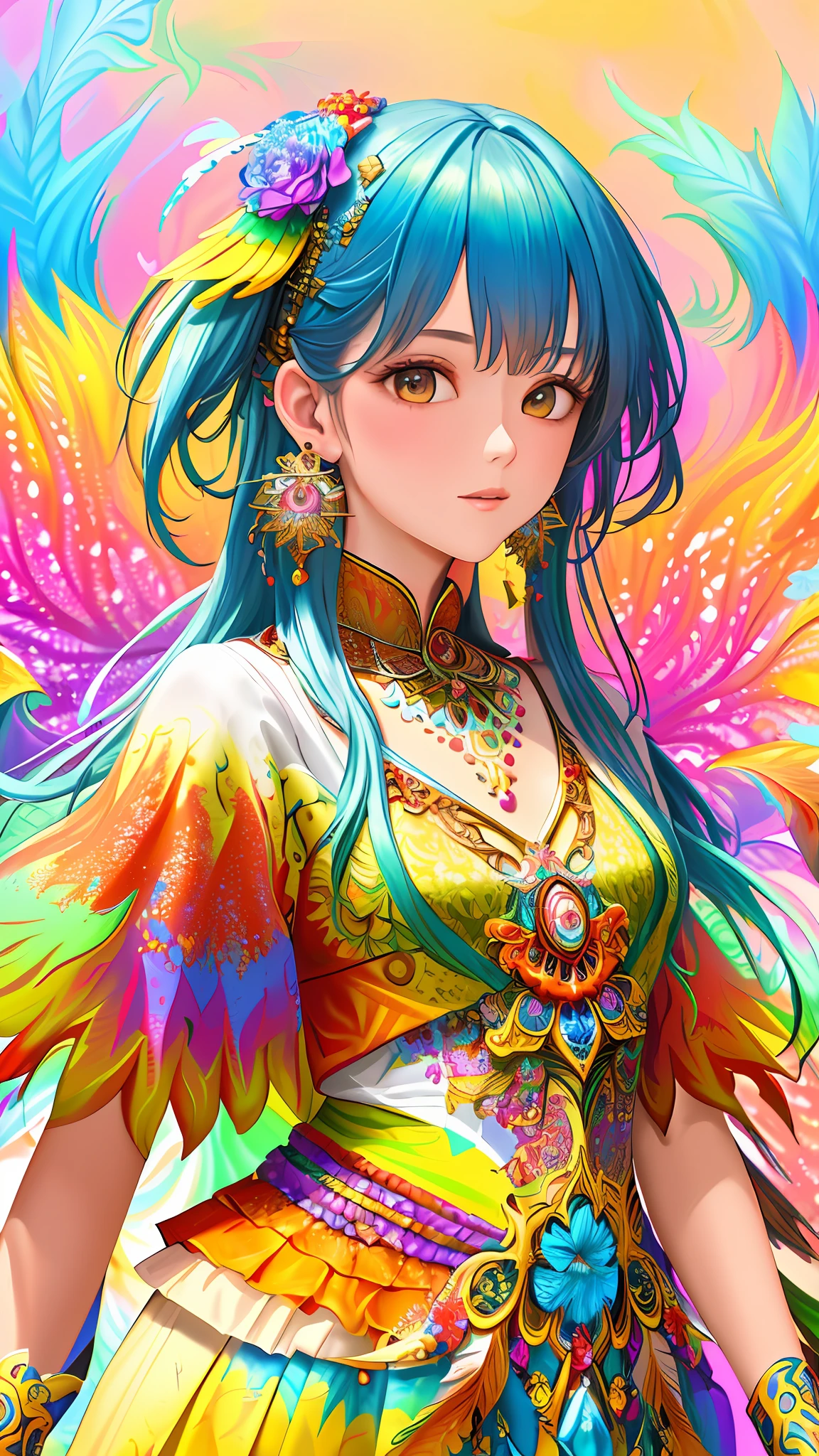 ((fractal art)),((masterpiece,best quality,extremely detailed,ultra high res,detailed background)),(((abstract background))),(1girl),((colorful)),flowers,(shiny skin),((many colors)),(earrings),feathers
