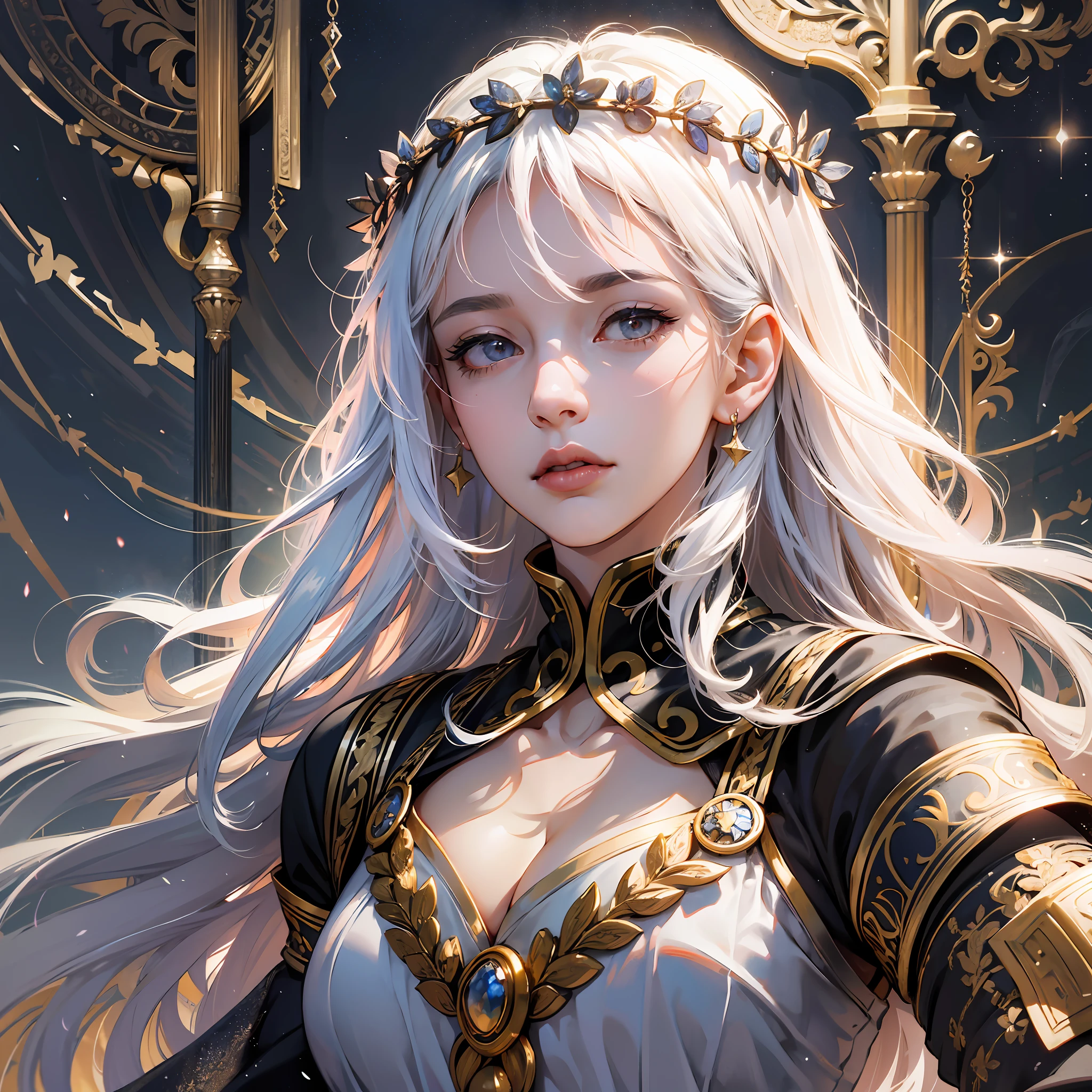 (absurdres, highres, ultra detailed), 1woman, mature female, aged up, wavy long hair, white hair, black eyes, bangs, long sleeves, finely detailed eyes and detailed face, extremely detailed CG unity 8k wallpaper, intricate details,  looking down, solo, half shot, detailed face, stoic expression, dynamic pose, flowing hair, classical era, (ancient roman theme:1.1), roman mythology,  Roman empire,  Capua, ancient vineyard, oracle,  cape,  iron accessories, ancient theme, (flourishing civilization:1.1), pristine white marble, (intact:1.1) marble buildings,  hills in background, brazier, burning embers, night, darkness, stars, aura of light, majestic atmosphere, floating stone particles,, portrait, wind swirling