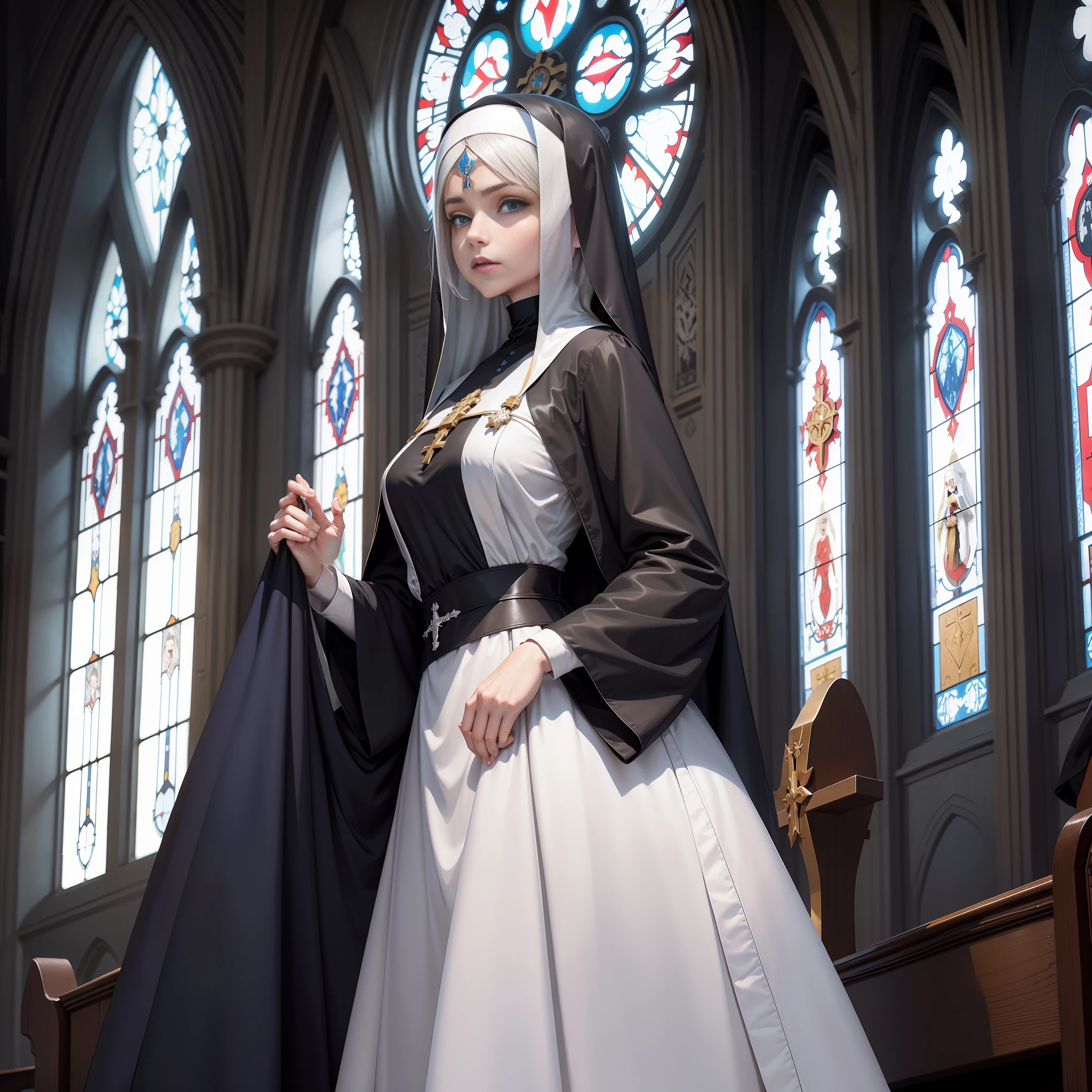 Nun, short white hair, long hair on the left and right sides, wearing nun clothes, blue eyes, praying in the church, high quality, comic characters, no glasses, beauty, royal sister