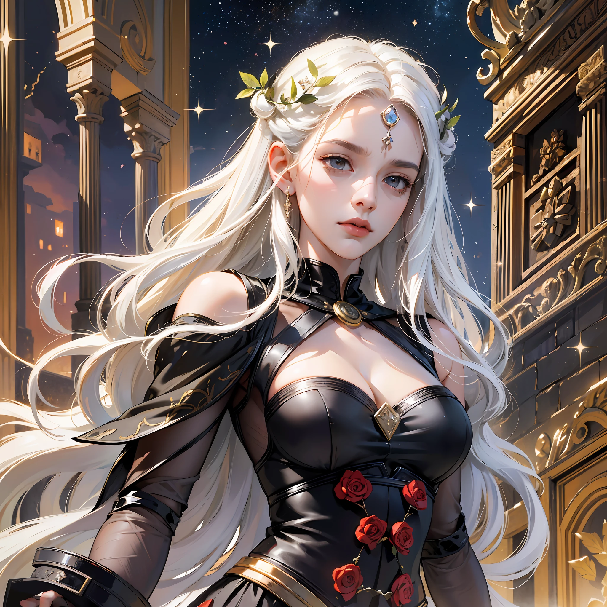 (absurdres, highres, ultra detailed), 1woman, mature female, aged up, wavy long hair, white hair, black eyes, bangs, long sleeves, finely detailed eyes and detailed face, extremely detailed CG unity 8k wallpaper, intricate details, looking down, solo, half shot, detailed face, stoic expression, dynamic pose, flowing hair, classical era, (ancient roman theme:1.1), roman mythology, Roman empire, Capua, ancient vineyard, oracle, cape, iron accessories, ancient theme, (flourishing civilization:1.1), pristine white marble, (intact:1.1) marble buildings, hills in background, brazier, burning embers, night, darkness, stars, aura of light, majestic atmosphere, floating stone particles,, portrait, wind swirling