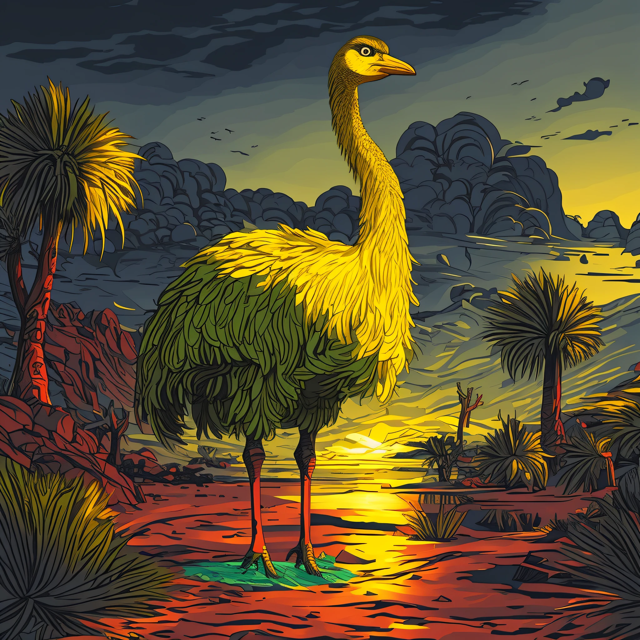 Pixel wind, there is a big bird standing on the water's edge of the desert, beautifully drawn, very finely illustrated,