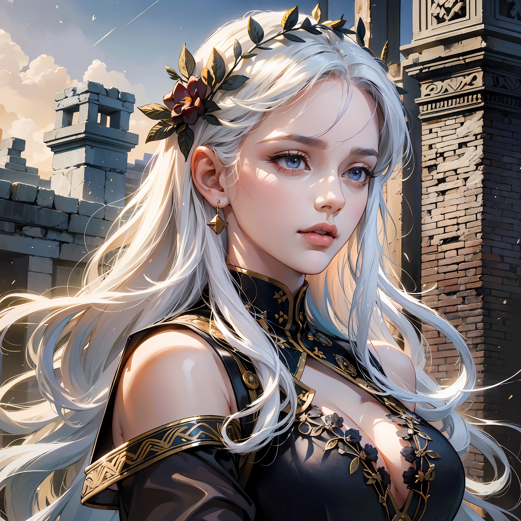 (absurdres, highres, ultra detailed), 1woman, mature female, aged up, wavy long hair, white hair, black eyes, bangs, long sleeves, finely detailed eyes and detailed face, extremely detailed CG unity 8k wallpaper, intricate details,  looking down, solo, half shot, detailed face, stoic expression, dynamic pose, flowing hair, classical era, (ancient roman theme:1.1), roman mythology,  Roman empire,  Capua, ancient vineyard, oracle,  cape,  iron accessories, ancient theme, (flourishing civilization:1.1), pristine white marble, (intact:1.1) marble buildings,  hills in background, brazier, burning embers, night, darkness, stars, aura of light, majestic atmosphere, floating stone particles,, portrait, wind swirling