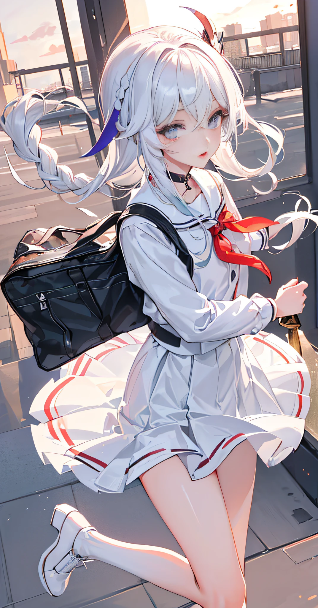 (Masterpiece), (Best Quality), (Super Detail), (Messy Hair), (Illustration), 1 Girl, Fashion Clothing, (((Fashion Model)), Look at the Viewer, Perfect Face, Floating, (Shiny), Focus on Face, God and (Genshin Impact), Braids, Hair on One Eye, (Hair Accessory), Earpiece, Long Hair, (Underwear), White Lace, Slender Legs, Small White Shoes, White Hair, Shiny Hair, Big, Sexy Action, Futurism, Shiny Skin, Delicate Beautiful Eyes, White Clothes, school uniform, love hotel, face lighting, shiny face, best lighting, lighting, front lighting, school bag, seravku, red lip, open legs, wide angle, wide angle, joshi kousei, modern furniture, standing, holland corner, black pleated skirt, arms_ behind_ back, fine eyelashes, upright, from the top, (ulzzang-6500-v1.1)