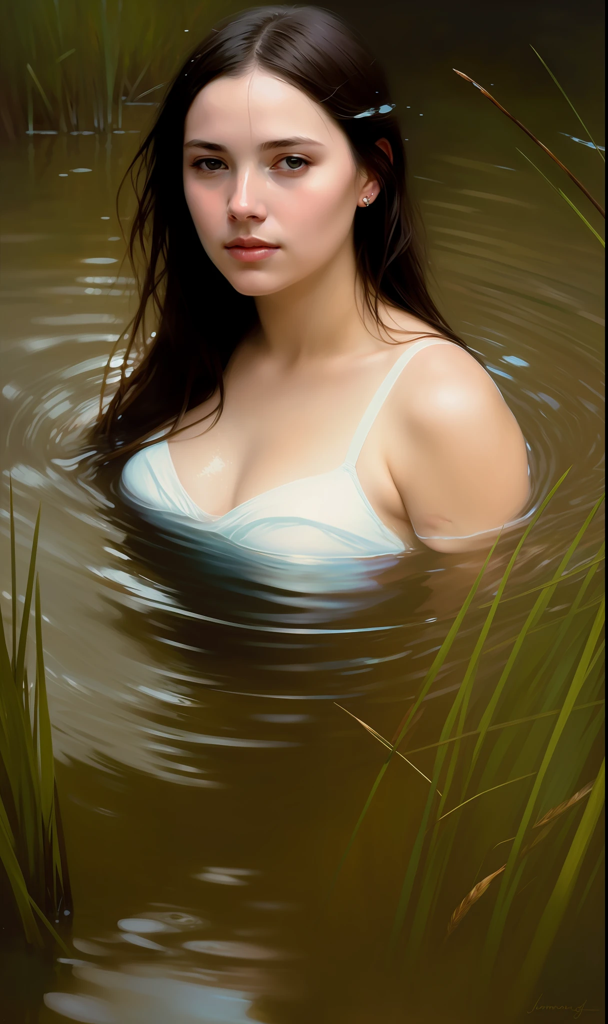 close up portrait of a cute woman (gldot) bathing in a river, reeds, (backlighting), realistic, masterpiece, highest quality, lens flare, shade, bloom, [[chromatic aberration]], by Jeremy Lipking, by Antonio J. Manzanedo, digital painting,