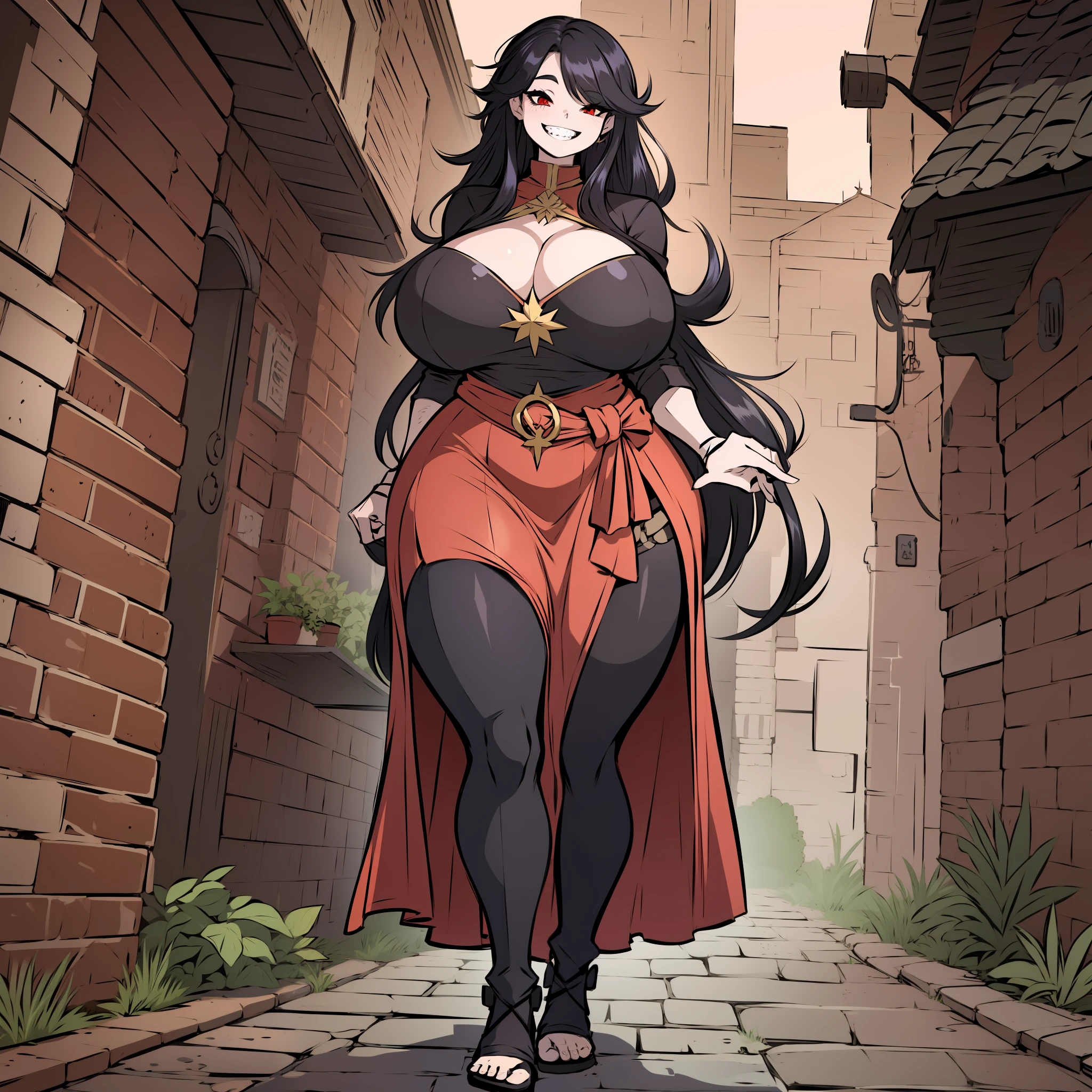 Gothic, huge chest, tall woman, curved, f, long hair, christian, alone, catholic, latin cross,, forest city, plants, walking, smile, smile, ,fur clothes, wizard, medieval, village,tights, portrait, long skirt, long dress, flip-flops, , huge breast, , , 1gir,1character, walking,long skirt, red eyes, walking,