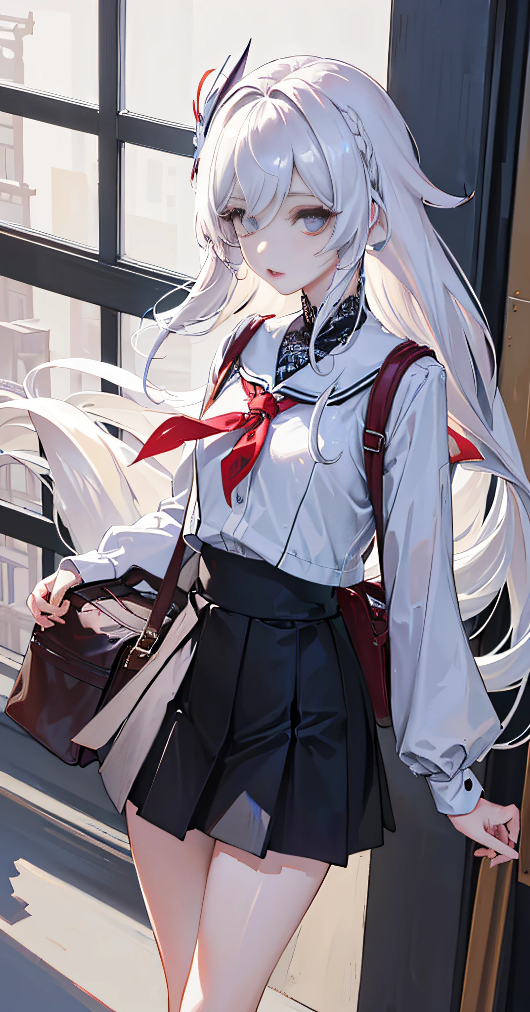 (Masterpiece), (Best Quality), (Super Detail), (Messy Hair), (Illustration), 1 Girl, Fashion Clothing, (((Fashion Model)), Look at the Viewer, Perfect Face, Floating, (Shiny), Focus on Face, God and (Genshin Impact), Braids, Hair on One Eye, (Hair Accessory), Earpiece, Long Hair, (Underwear), White Lace, Slender Legs, Small White Shoes, White Hair, Shiny Hair, Big, Sexy Action, Futurism, Shiny Skin, Delicate Beautiful Eyes, White Clothes, school uniform, love hotel, face lighting, shiny face, best lighting, lighting, front lighting, school bag, seravku, red lip, open legs, wide angle, wide angle, joshi kousei, modern furniture, standing, holland corner, black pleated skirt, arms_ behind_ back, fine eyelashes, upright, from the top, (ulzzang-6500-v1.1)