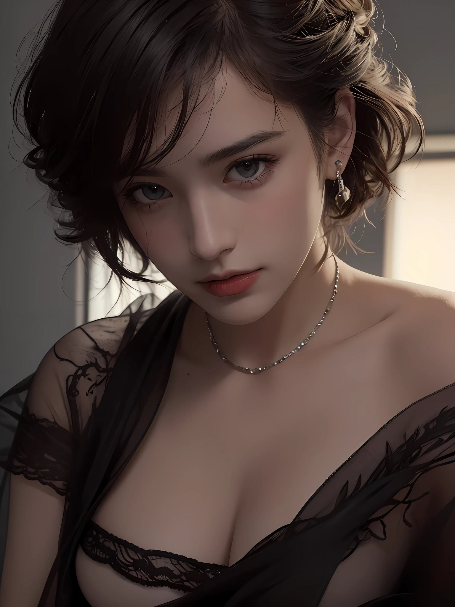 Best quality, masterpiece, ultra high res, (photorealistic:1.5), raw photo, 1girl, offshoulder, in the dark, deep shadow, low key, cold light, sexy look, short hair