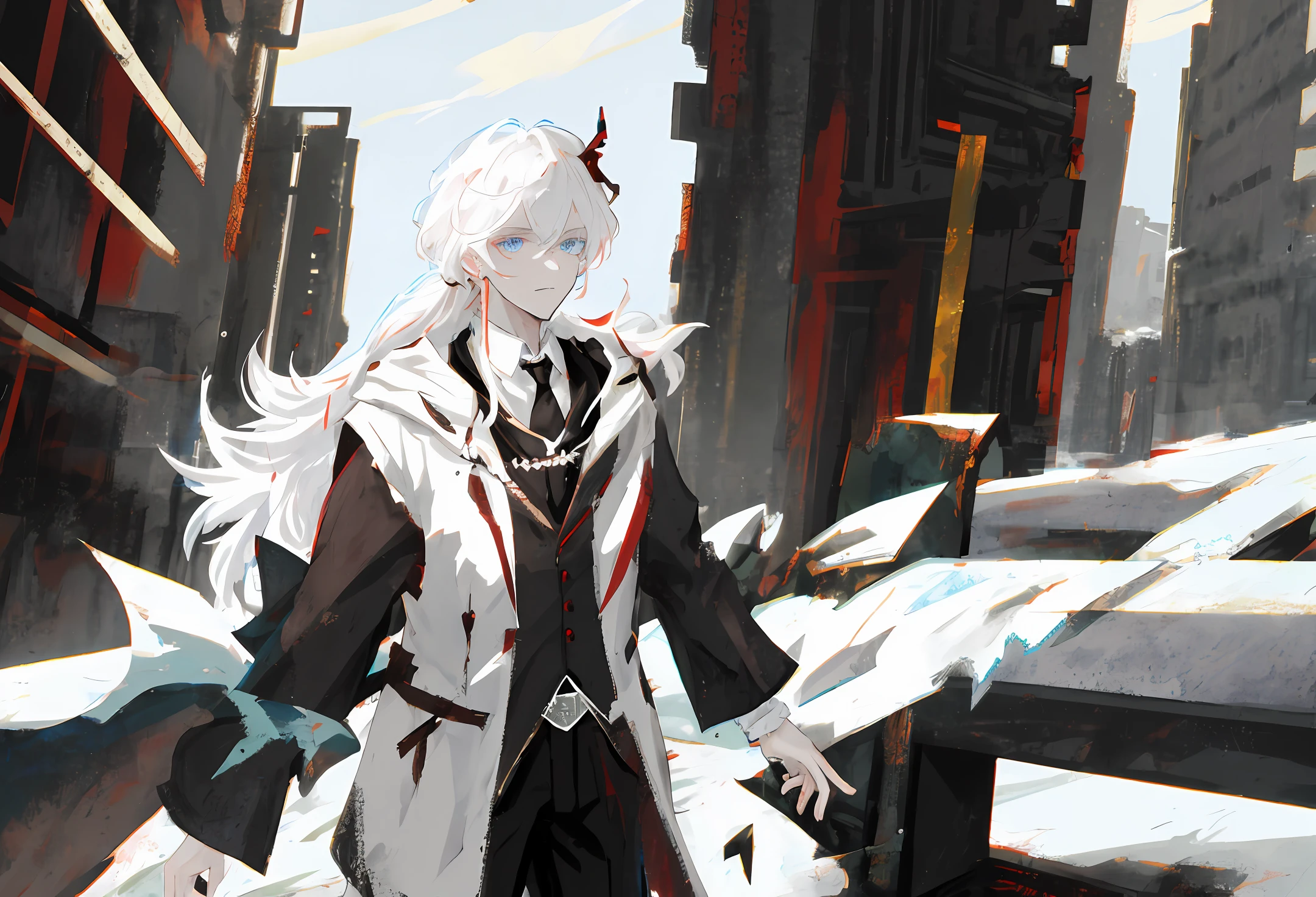 Man with bright crimson hair with gray and brown tones, blue eyes. elegant, wearing a white scientist coat and a black scarf. looking at the view of his destroyed city through a gigantic window, unsympathetic, gloomy surroundings, war drones in the background.