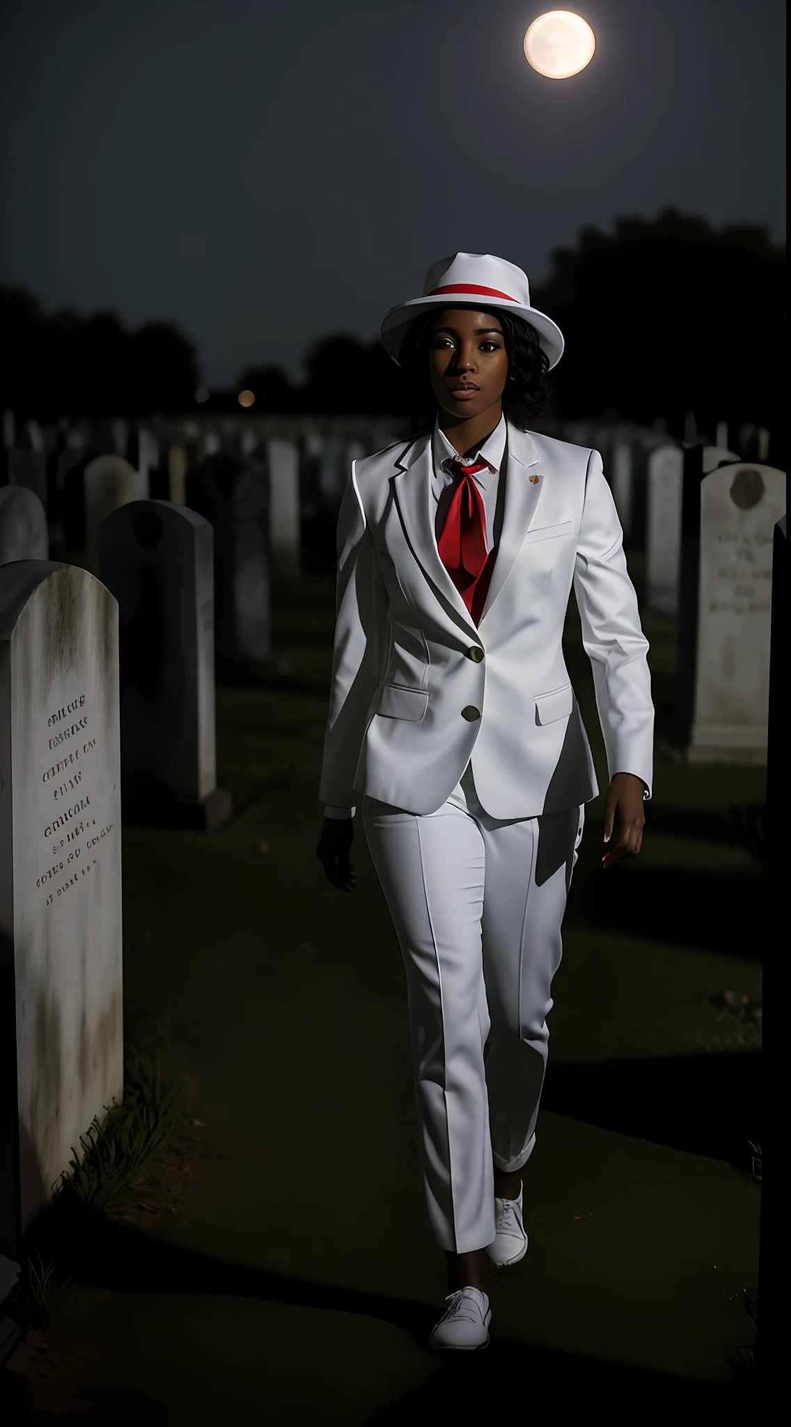 Clouse-up, a 30-year-old black woman, dressed in a white suit and red tie, with a white hat on her head, walking in the cemetery at night with the light of the full moon in the background. Ultra-realistic 8K, sharp focus, masterpiece, ultra-detailed face, camera looking, perfect eyes