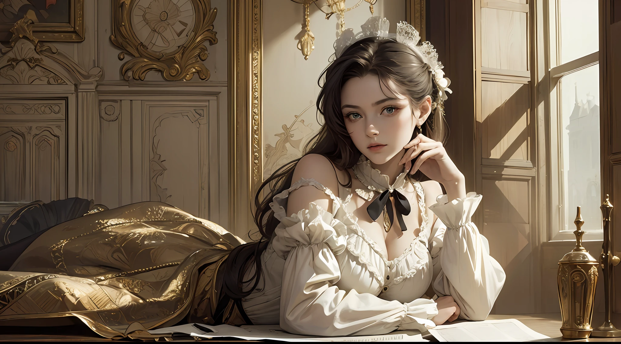 (Pure Color: 0.9), (Color: 1.1), (Masterpiece: 1,2), Top Quality, Masterpiece, High Resolution, Original, Highly Detailed Wallpaper, Beauty, Victorian, Dress, Melancholy, Big Breasts, Sepia Color, 40 years old --auto --s2