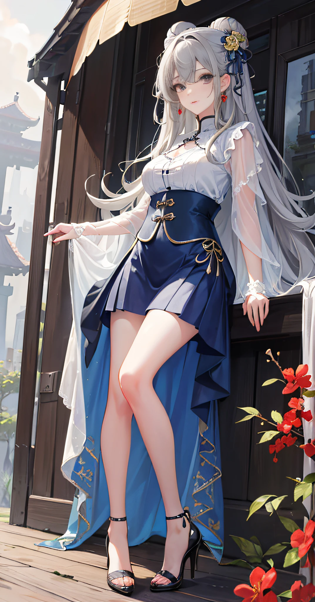 (Best Quality), ((Masterpiece)), (High Resolution), Original, (Very Detailed 8K Wallpaper), Overexposed, 1girl, (Medium Tits), (Extremely Delicate and Beautiful), (Beautiful and Detailed Eye Description), (Beautiful and Detailed Facial Depiction), (Solo), (Slender Legs, High Heels), Behind Arms, Rain Skirt, Hair Accessories, Necklace, Blue Pleated Skirt, Jewelry, Earrings, Chinese Style Architecture, Wavy Hair, Messy Hair, Long Gray Hair, , Masterpiece, Best Quality, Transparent silk cost, kawaii face, anime, transparent multicolored clothes, (ulzzang-6500:1.2)