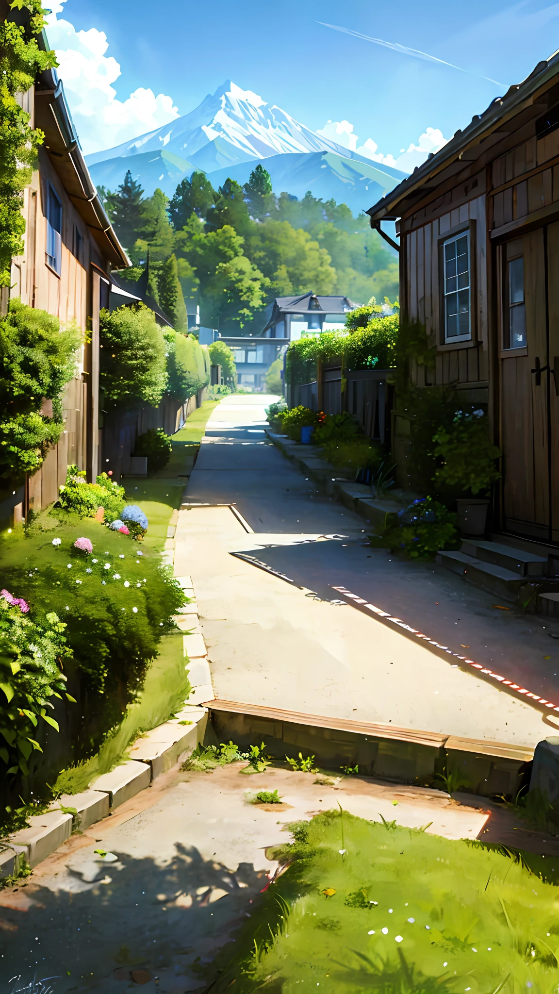 (ultra high res,photorealistic,best quality,photo-realistic),(8k,raw photo,best quality,masterplece),(photon mapping,radiosity,physically-based rendering,automatic white balance),real person,photograph,bridge, building, bush, city, cloud, day, door, fence, field,orest, garden, grass, house, hydrangea, mountain, nature, no_humans, outdoors, path, plant, potted_plant, purple_flower, road, scenery, sky, skyscraper, traditional_media, tree,