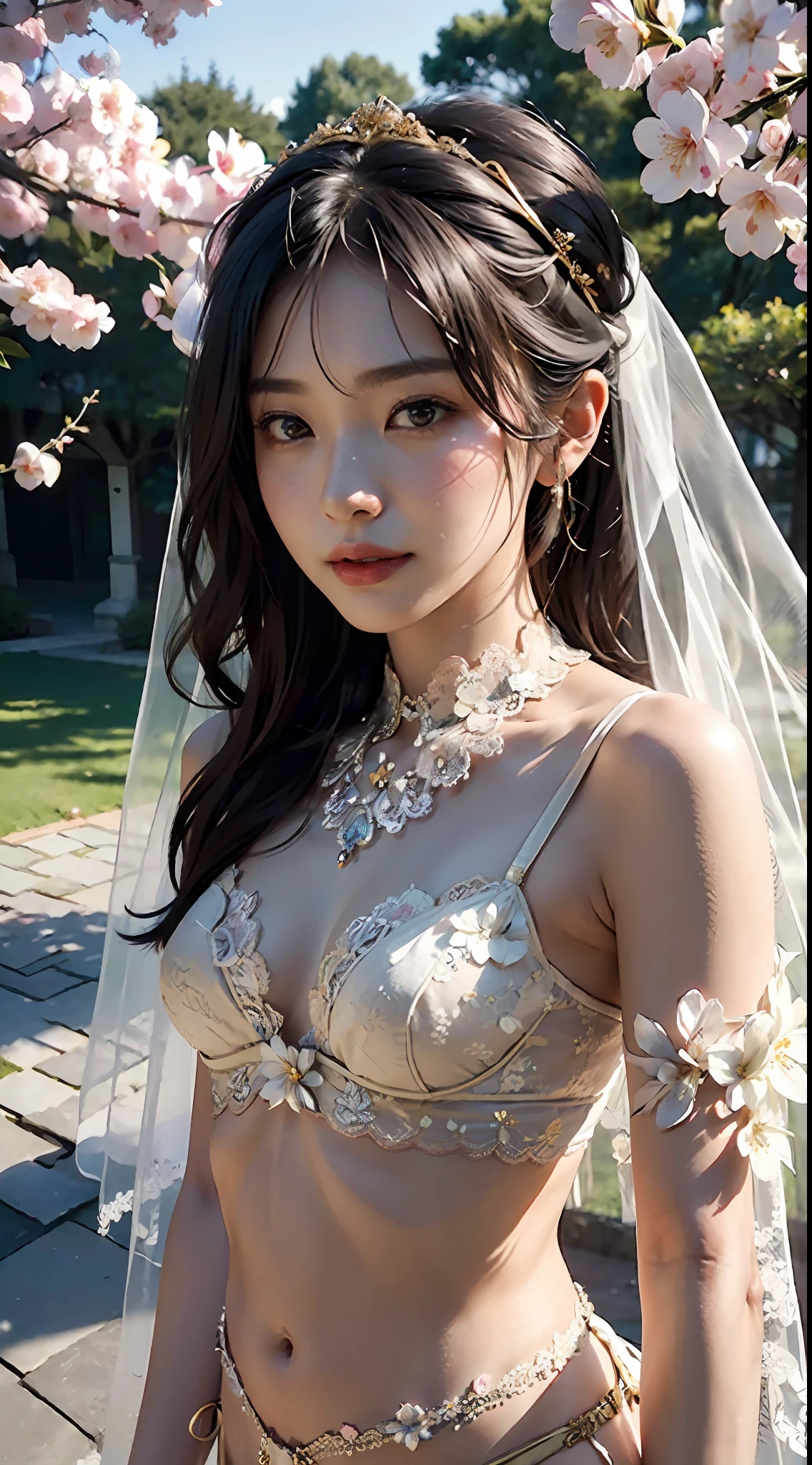 masterpiece, (photorealistic:1.4), best quality, beautiful lighting, cherry-blossoms, outdoors, upper body, 1 girl, asian female, 30-year-old, natural beautiful female, slender woman, ((small breasts)). bride of flower, blushing face, smiling, ((chignon black hair)), gold eyes, arms up, detailed, intricate, RAW photo, 8k uhd, film grain, (((extremely detailed flower lace brassiere, low-rise loincloth, flower wedding veil))), extremely detailed gorgeous flower tiara, gorgeous flower necklace