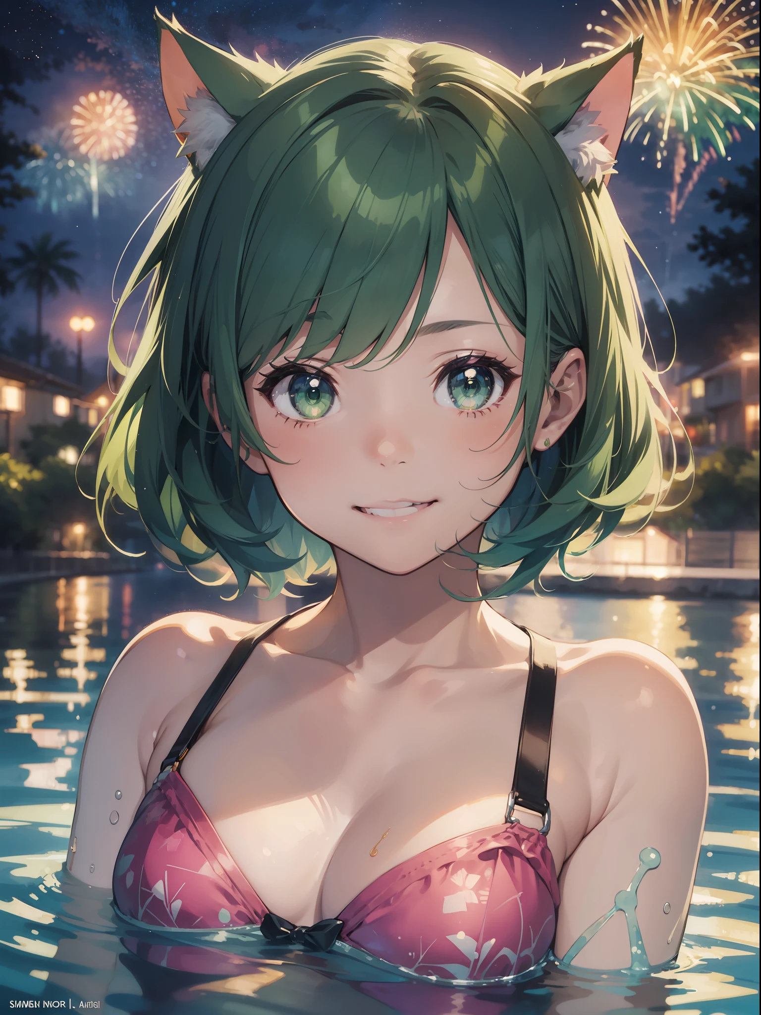 Top quality, detailed night background, watercolor, swimming, cat girl, smile, short green bob hair, green eyes, pink string bikini, fireworks