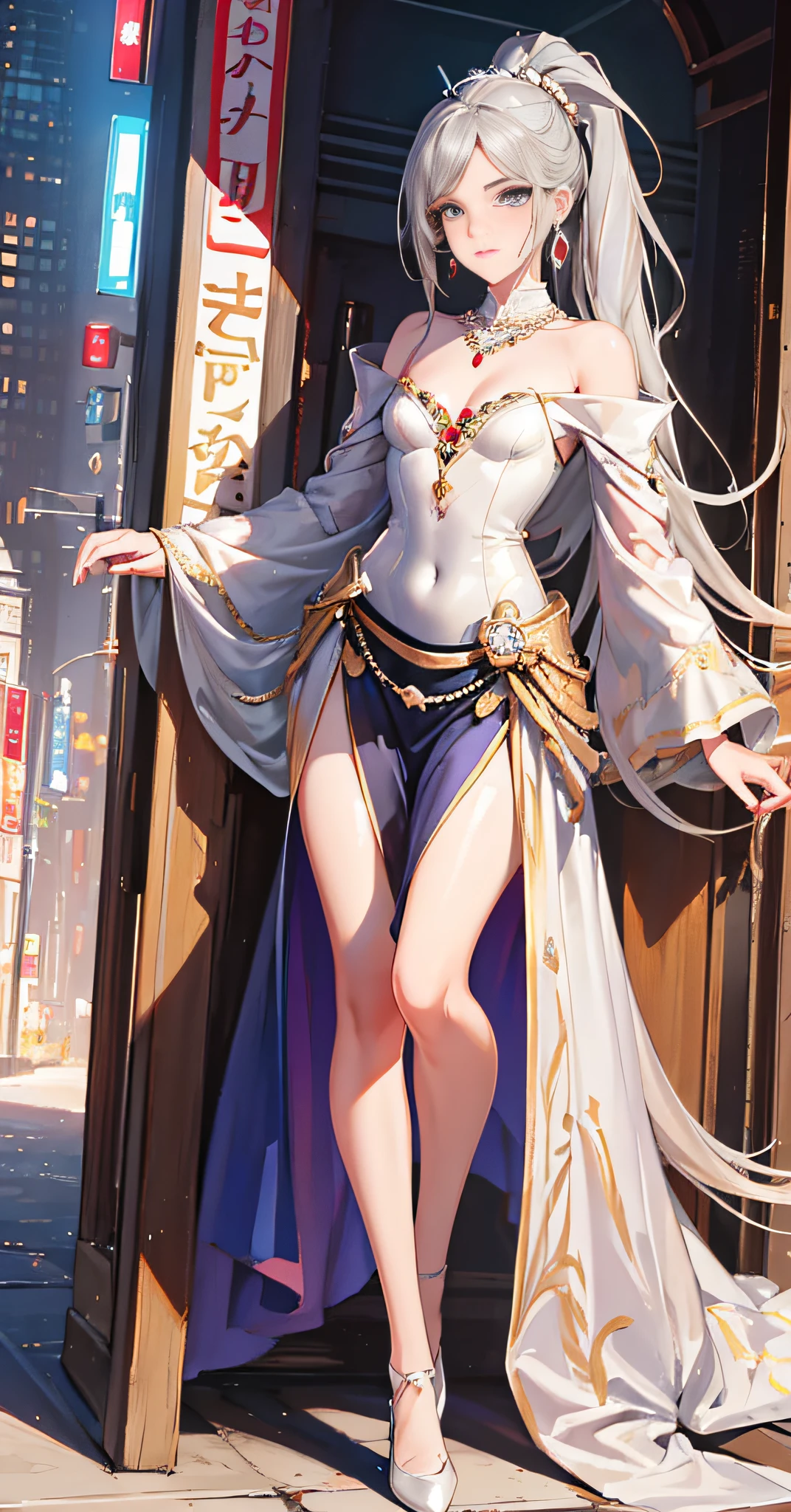 Best Quality, Ultra High Resolution, (Photo Realism: 1.4), 1 Girl, Look at the Audience, Kawaii, Cyberpunk, Full Body, Cityscape, Ponytail, Ridiculous Hair, Ultra High Resolution, Long Gray Hair, Mercy, Surreal 8k CG, Perfect Face, Perfect, Clean, Masterpiece, Professional Art, Famous Art, Film Lighting, Movie Bloom, Perfect Face, Beautiful Face, Beautiful Eyes, (Perfect Female Body, Narrow Waist, Slim Legs, Small White Shoes), Gorgeous Queen, Royal Family, Divine, goddess, sacred, (palace), fantasy, fantasy, unrealistic, science fiction, bangs, beautiful clothes, natural science foundation, (gray hair: 1.5), ridiculously long hair, very long hair, (rich: 1.4), prestige, luxury, jewelry, diamonds, gold, pearls, gemstones, sapphire, ruby, emerald, intricate details, delicate pattern, sexy, charming, sexy, sexy, charming, charming, hair accessory, necklace, earrings, bracelet, cuff connection, pure,  Urzang - 6500-v1.1