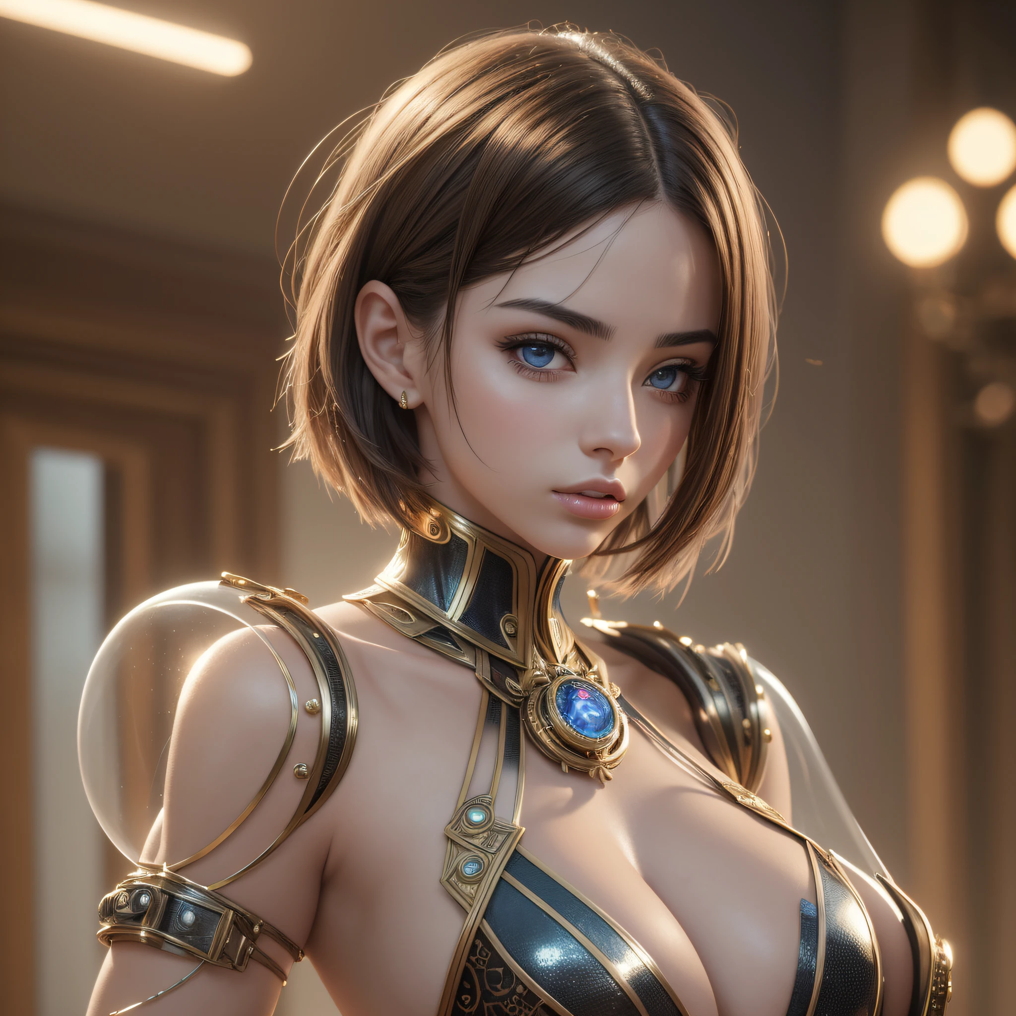 masterpiece, ethereal beauty, ethereal, steampunk, ultra realistic, woman 38 years, Like a Yael Shelbia, 3d, 3d rendering, porcelain, latex, Best quality, human anatomy, real hair, short hair, asymmetrical cut hair, moving hair, huge breasts, human anatomy, posing for photo, translucent, (ethereal, dreamlike), formidable, 8k wallpaper --auto --s2
