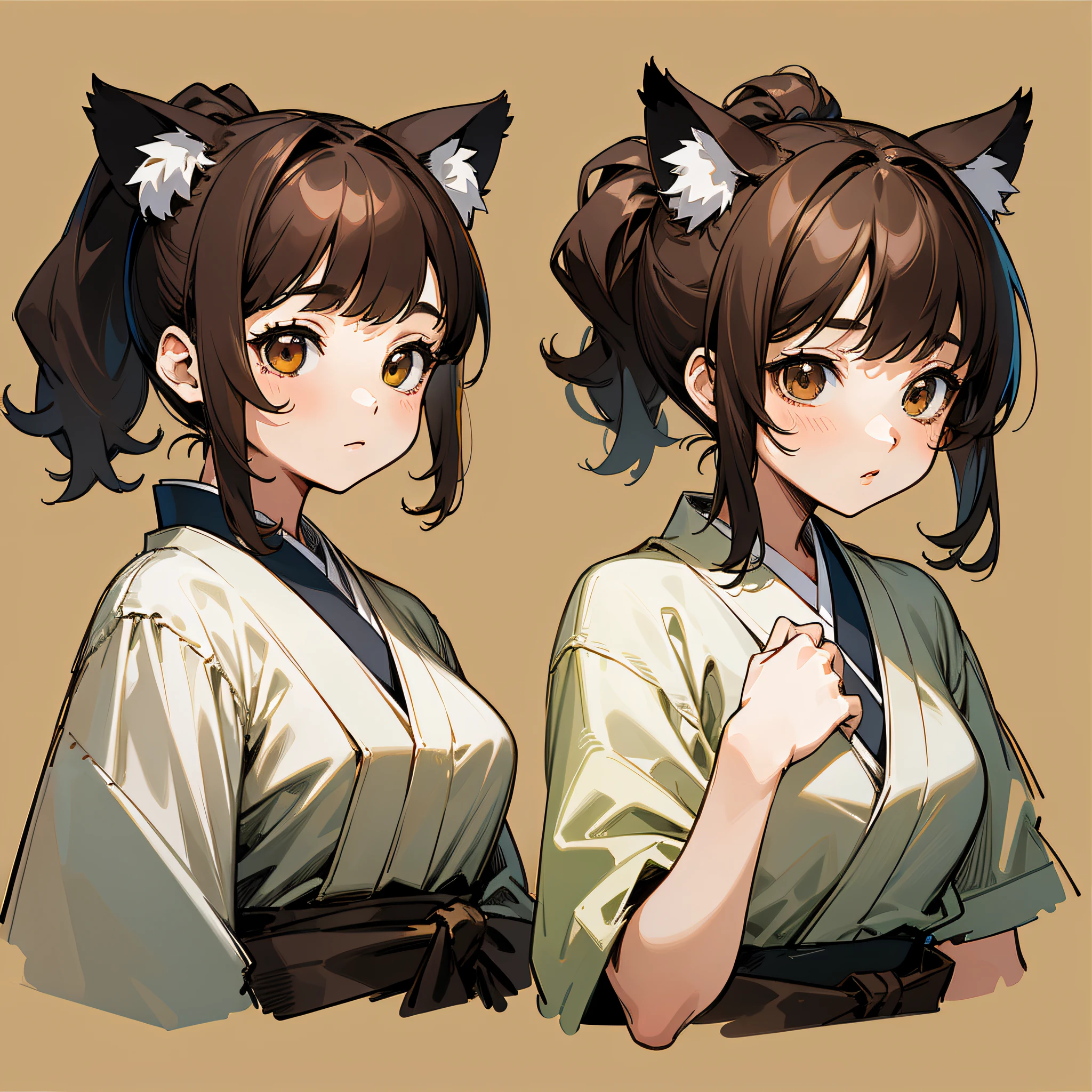 ((Masterpiece)), (Best Quality))), (Character Design Sheet, Same Character, Front, Side, Back), Illustration, 1 Girl, Hair Color, Bangs, Hairstyle Fax, Eyes, Environmental Change Scene, Hairstyle Fax, Pose Tai, Women, Japanese Clothes, Cat Ears, Brown Hair, Brown Eyes, Ponytail (Simple Background, White Background: 1.3)