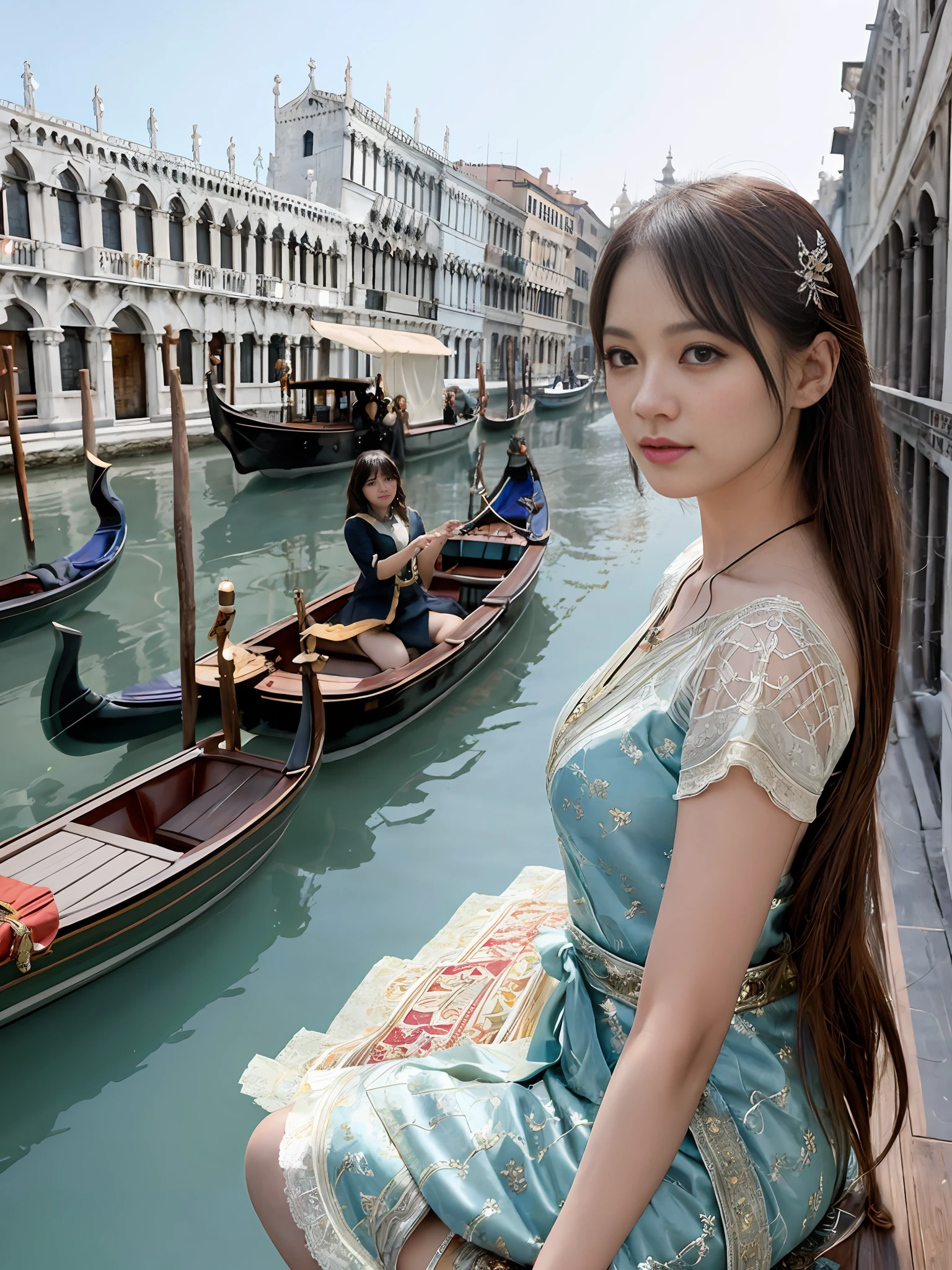 modelshoot style, (extremely detailed CG unity 8k wallpaper), full shot body photo of the most beautiful artwork in the world, stunningly beautiful photo realistic cute women, a hyper realistic ultra detailed photograph of a beautiful girl as a female 2020s dancer on the boat of 2020s Venice,(Bridge Of Sighs background),(princess eyes,shiny pupils), detailed symmetric beautiful hazel eyes, detailed gorgeous face,highly detailed, vibrant,professional majestic oil painting by Ed Blinkey, Atey Ghailan, Studio Ghibli, by Jeremy Mann, Greg Manchess, Antonio Moro, trending on ArtStation, trending on CGSociety, Intricate, High Detail, Sharp focus, dramatic, photorealistic painting art by midjourney and greg rutkowski