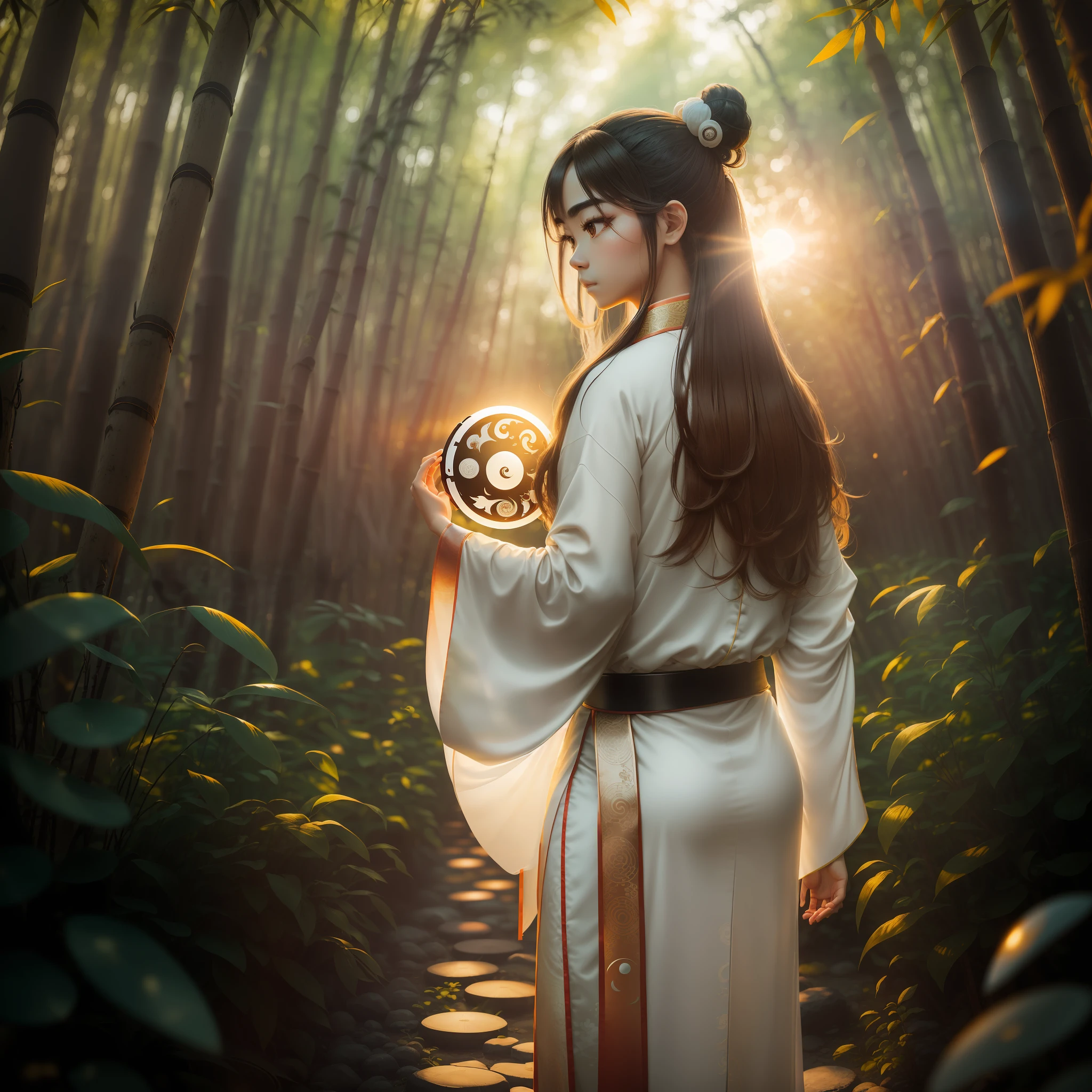 Tindal Effect (1.1), Hanfu, (Long Hair), (Thick Eyebrows), (Goatee), (Light Frown), (Belt), (Bandage Legs), Delicate Facial Features, (Brunet), (Straight Hair: x0.91), (Messy Hair: x1.1), (Bun: x1.1), (Long Eyelashes), Male, Single, Standing in the Bamboo Forest, (Natural Light + Light Leakage Effect), Octoppelganger Lens, Looking Back at the Sunset, Holding (Tai Chi Yin Yang Diagram), (Bagua Array), Wearing Jade Pei. --auto --s2