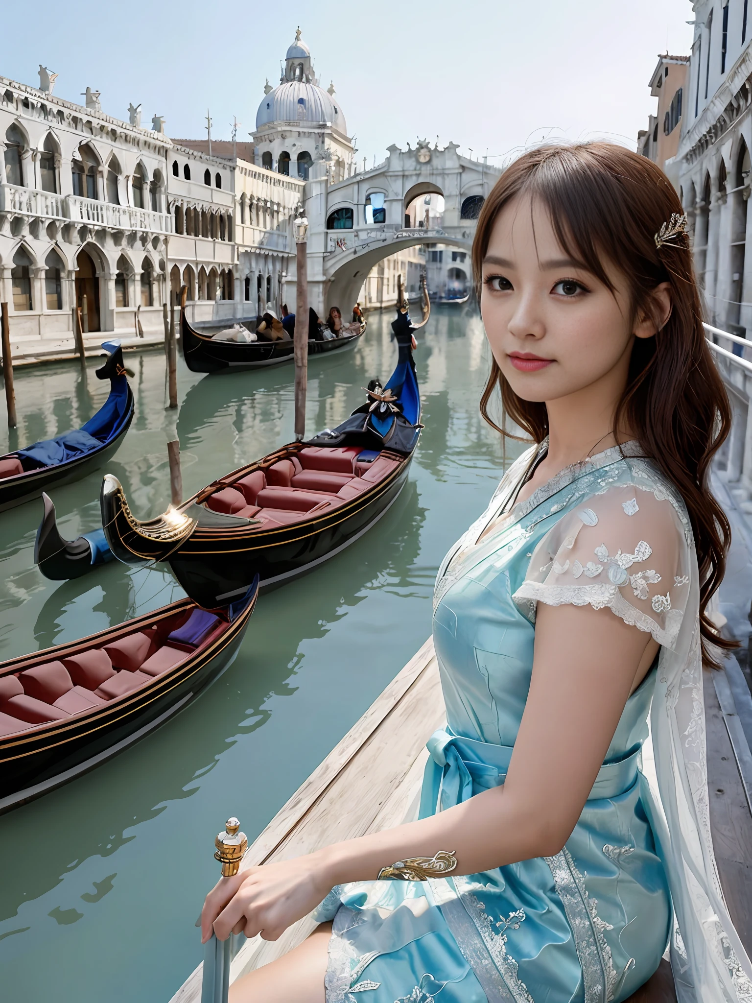 modelshoot style, (extremely detailed CG unity 8k wallpaper), full shot body photo of the most beautiful artwork in the world, stunningly beautiful photo realistic cute women, a hyper realistic ultra detailed photograph of a beautiful girl as a female 2020s dancer on the boat of 2020s Venice,(Bridge Of Sighs background),(princess eyes,shiny pupils), detailed symmetric beautiful hazel eyes, detailed gorgeous face,highly detailed, vibrant,professional majestic oil painting by Ed Blinkey, Atey Ghailan, Studio Ghibli, by Jeremy Mann, Greg Manchess, Antonio Moro, trending on ArtStation, trending on CGSociety, Intricate, High Detail, Sharp focus, dramatic, photorealistic painting art by midjourney and greg rutkowski