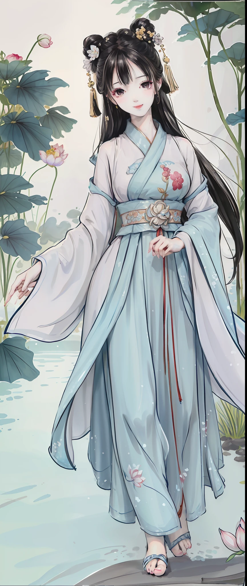 ((4k,masterpiece,best quality)), shuimobysim, traditional chinese ink painting, lotus, hanfu, maxiskit, dress conservatively 1girl, solo, long blue hair, smile, standing, feet in the water, barefoot,