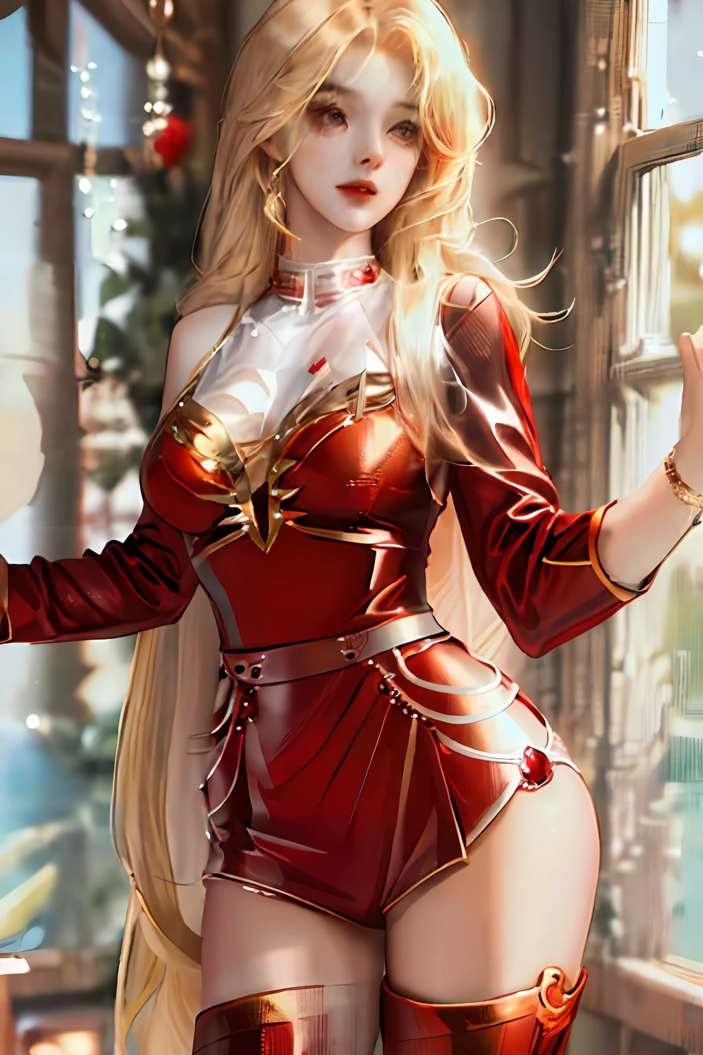 Masterpiece. Pretty woman with big breasts. Very long blond hair. Dressed in ((red leather miniskirt)) and ((red shirt of transparent fabric.))  standing by a large window. Photorealistic, hyperdetailed, high quality, 8k --auto --s2