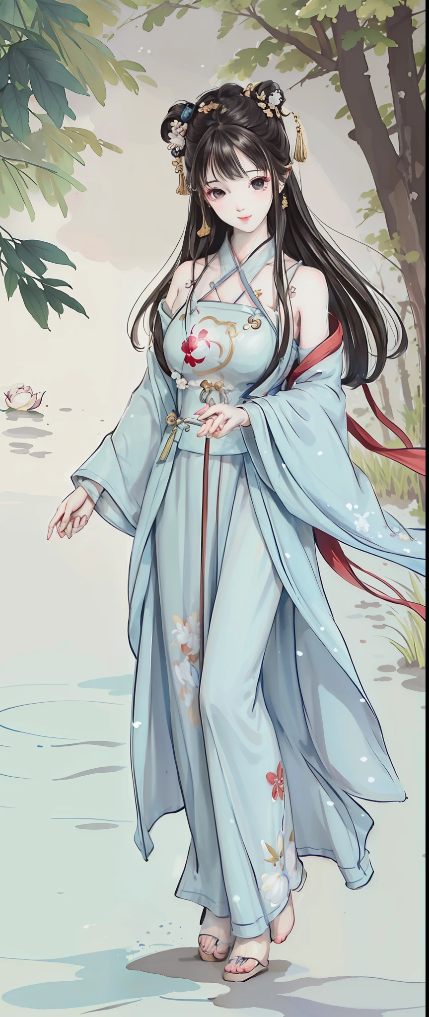 ((4k,masterpiece,best quality)), shuimobysim, traditional chinese ink painting, lotus, hanfu, maxiskit, dress conservatively 1girl, solo, long blue hair, smile, standing, feet in the water, barefoot,