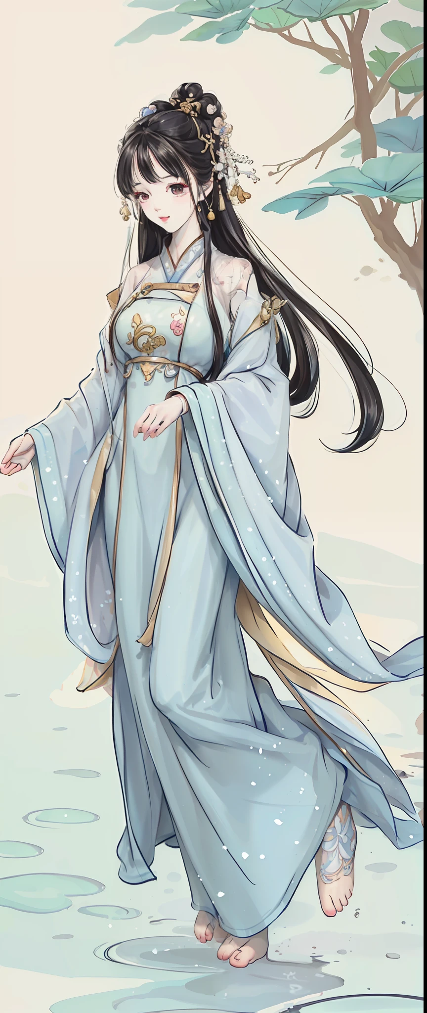((4k,masterpiece,best quality)), shuimobysim, traditional chinese ink painting, lotus, hanfu, maxiskit, dress conservatively 1girl, solo, long blue hair, smile, standing, feet in the water, barefoot,
