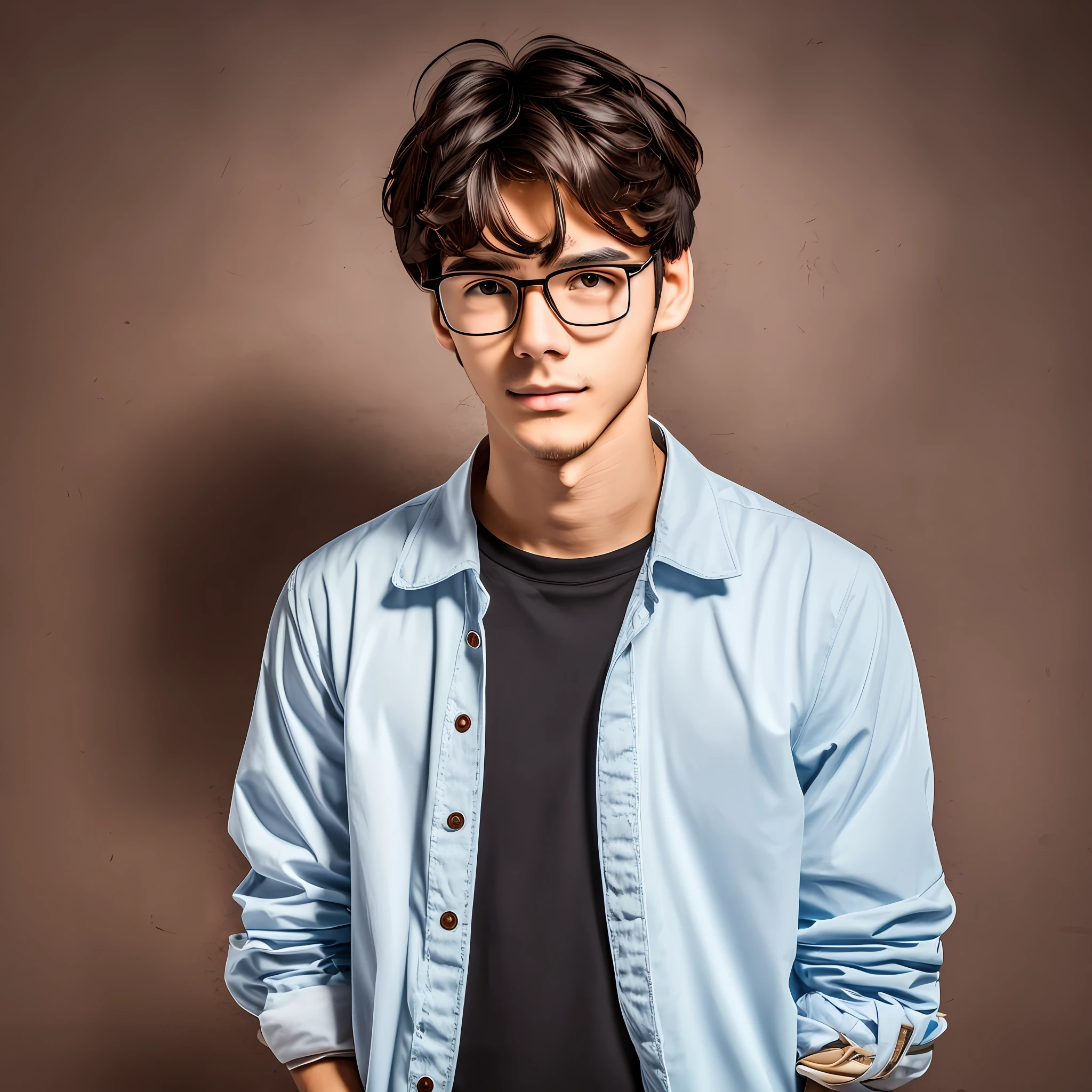 very thin young man, ROUND FACE, big cheeks, with acne and blackheads, dark eyes with prescription glasses, wavy dark brown hair. UGLY