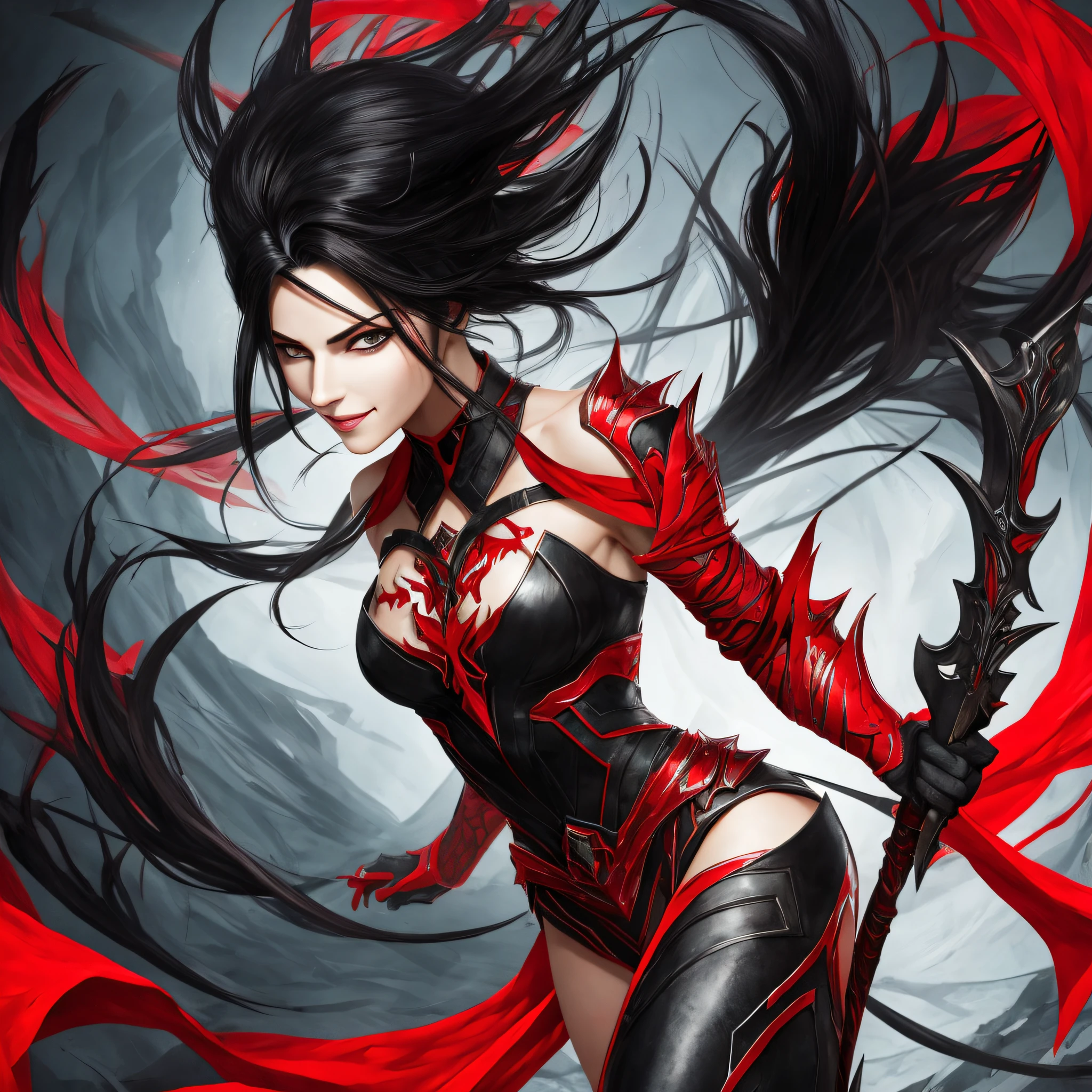 Top Quality, Masterpiece, Super High Definition, 1girl, beautiful_face, evil_smile, Detailed Skin, Fox, Tail, Full Body, Dynamic Angle, Black Hair, Weapon Hold, Arm Guard, Focus, Watch Viewer, Black Eyes, Floating Hair, Red and Black, Hands Up,