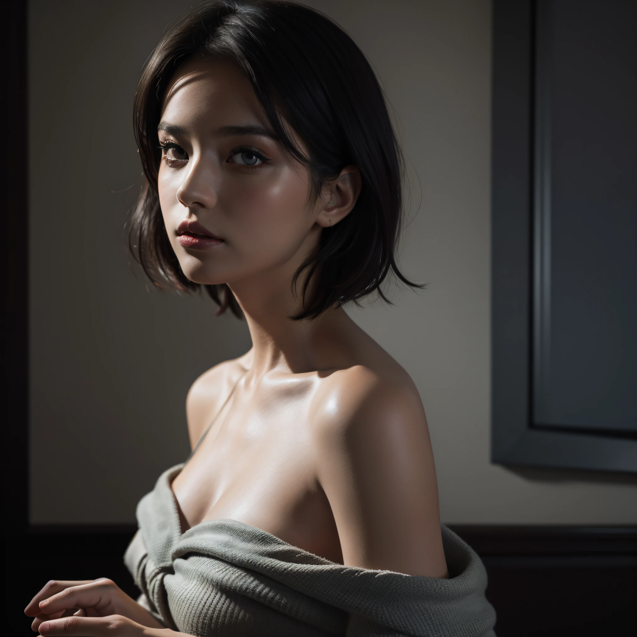 Best quality, masterpiece, ultra high res, (photorealistic:1.5), raw photo, 1girl, offshoulder, in the dark, deep shadow, low key, cold light, sexy look, short hair