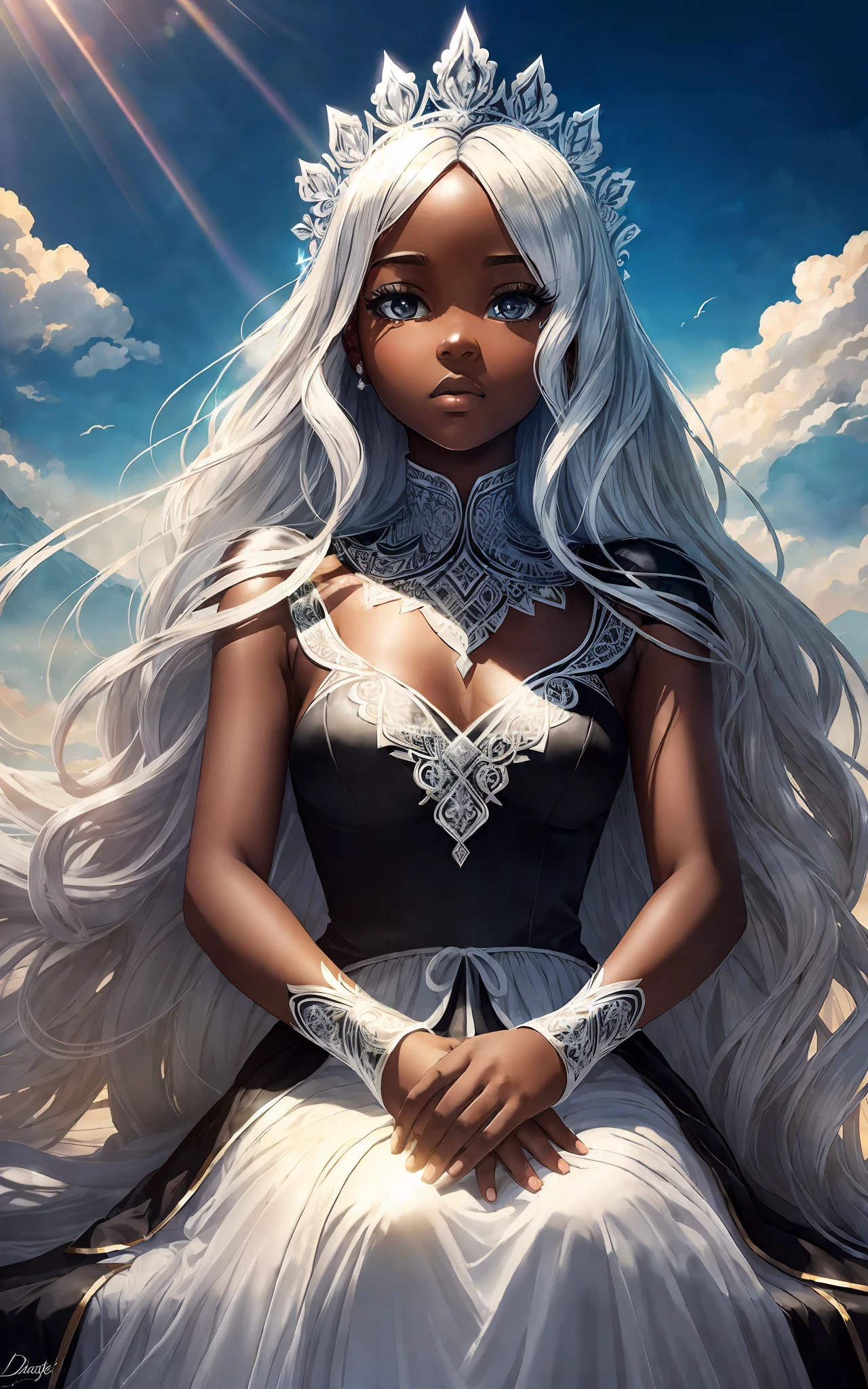 award winning 64k concept art of (black 1girl:1.2) in white majestic open dress sitting on the throne in the mountains, posing, epic, god rays, centered, (masterpiece:1.2), (best quality:1.2), Amazing, highly detailed, beautiful, finely detailed, warm soft color grading, Depth of field, extremely detailed 8k, fine art, stunning, iridescent, shiny, (light reflections:1.2), (crisp:1.5), curls, wind, vibrant, sunlit, (edge detection:1.2), absurdres, infinite, by Katie Daisy