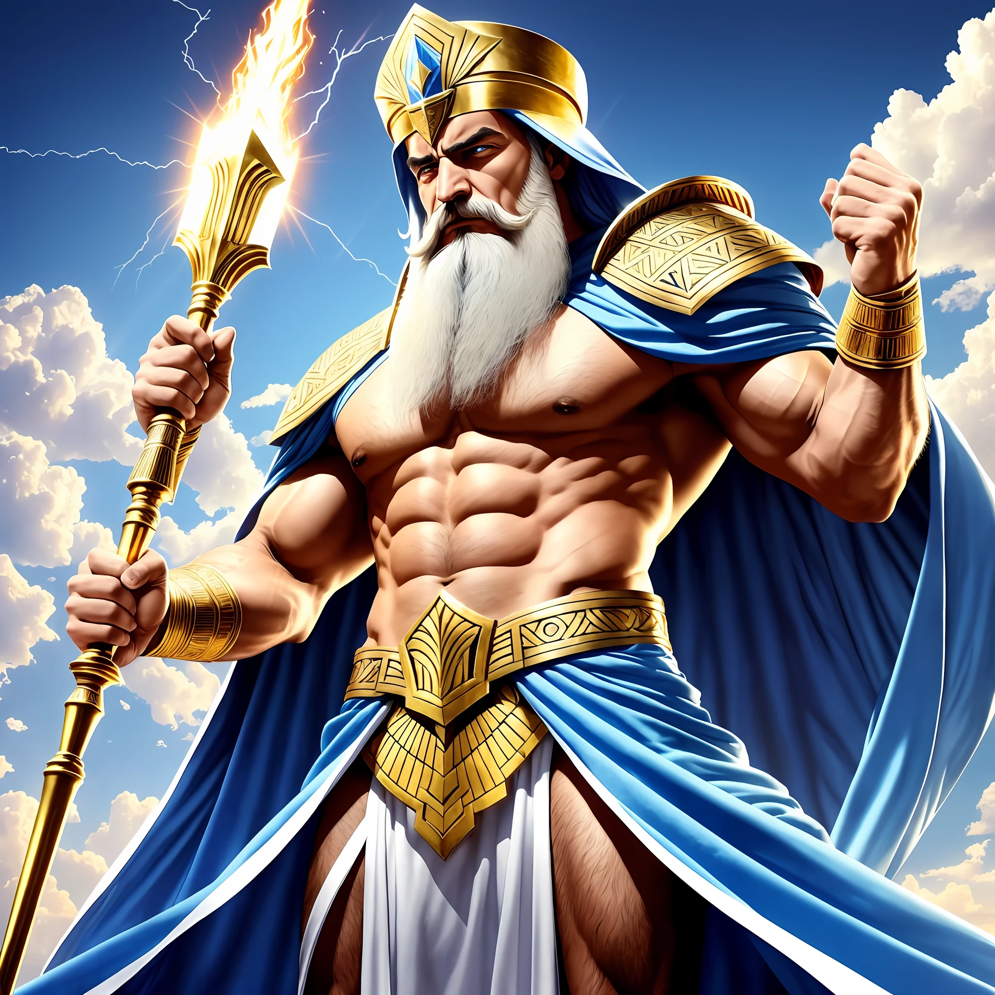 Anunnaki god, angry and clenched his teeth, golden dress and white cape, red hat of Egyptian king, blue eyes, blue lightning in the sky, rain, beard and long white hair, beards like old white Iranian soldiers, standing angry and angry and a long staff in his hand. The blue and patterned sun, excellent quality 4k masterpiece, the face of a god, muscular pose, blue sky and many clouds, his hands are up and he is flying --auto --s2