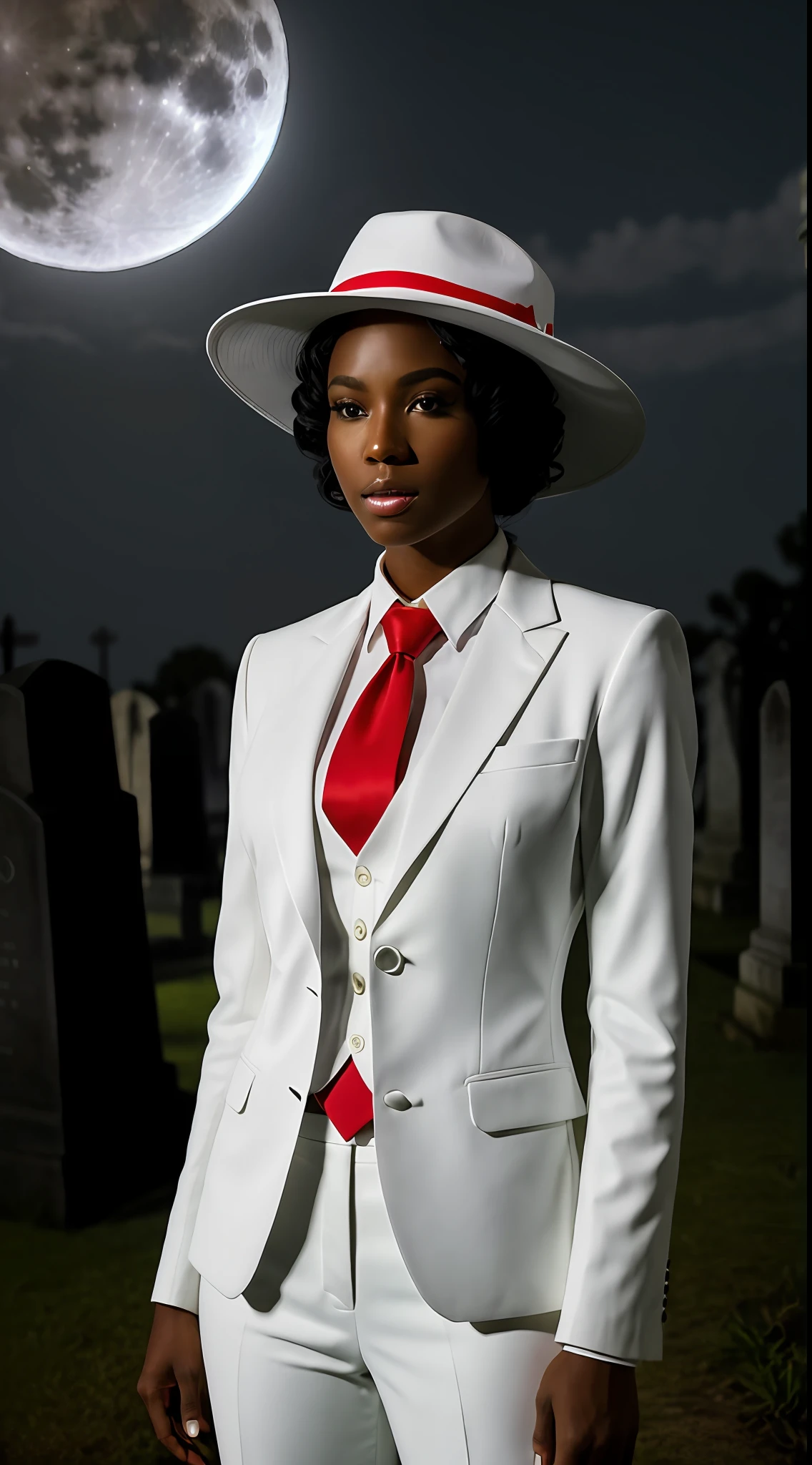 Clouse-up, a 30-year-old black woman, dressed in a white suit and red tie, with a white hat on her head, mysterious look, background of a cemetery at night with the light of the full moon in the background. Ultra-realistic 8K, sharp focus, masterpiece, ultra-detailed face, camera looking, perfect eyes