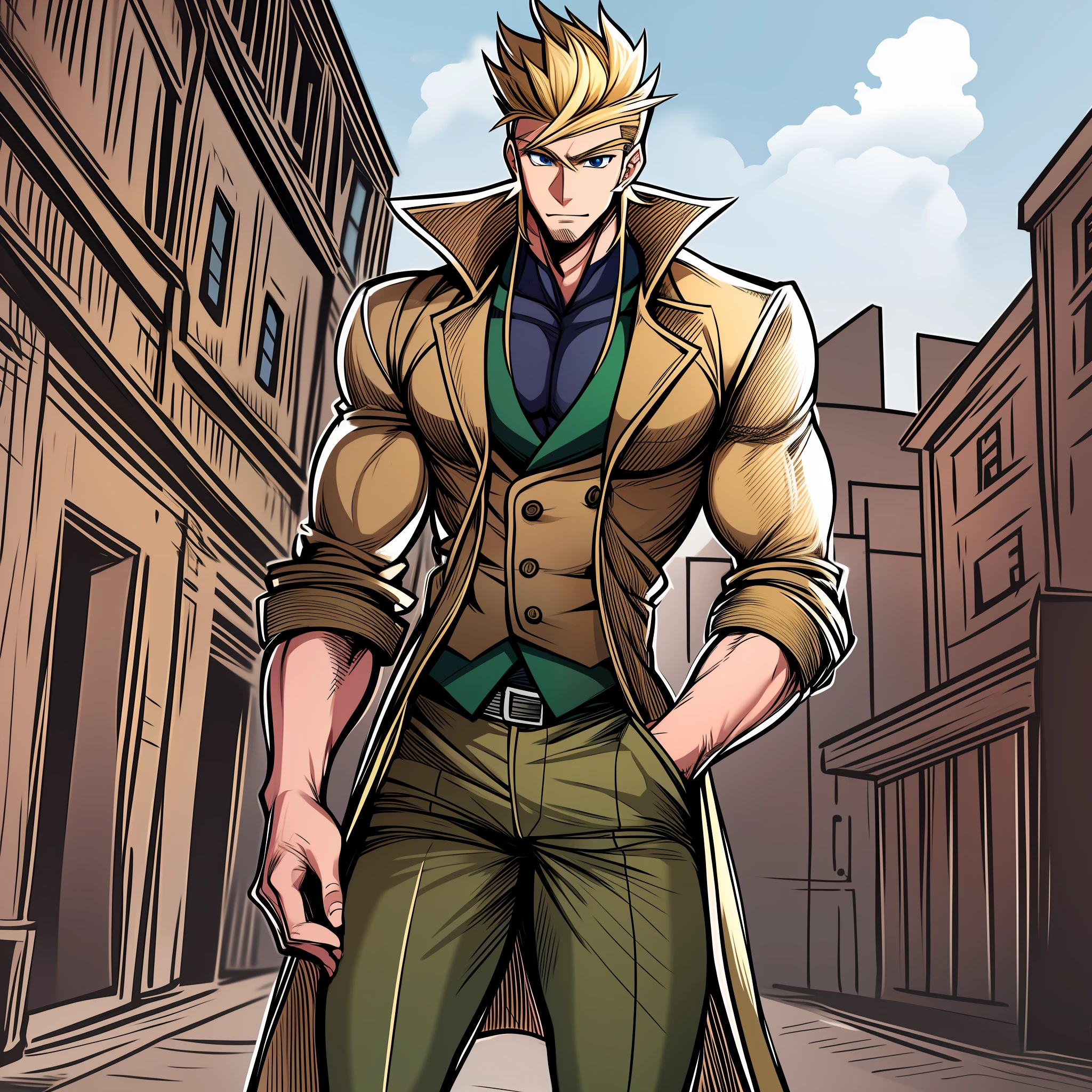 young man, muscular male, tall male, bishi, pants ,coat,vest, blond hair