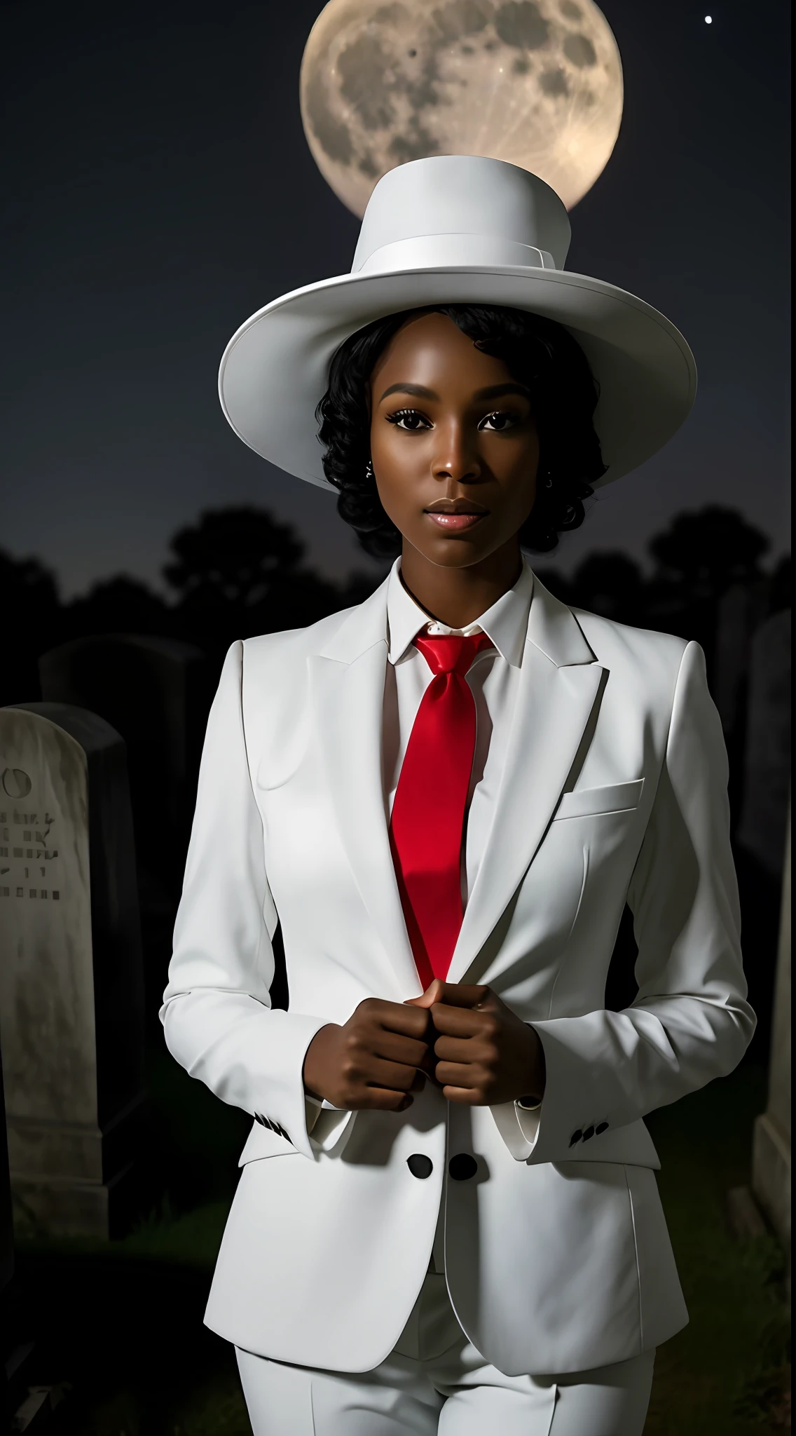 Clouse-up, a 30-year-old black woman, dressed in a white suit and red tie, with a white hat on her head, mysterious look, background of a cemetery at night with the light of the full moon in the background. Ultra-realistic 8K, sharp focus, masterpiece, ultra-detailed face, camera looking, perfect eyes
