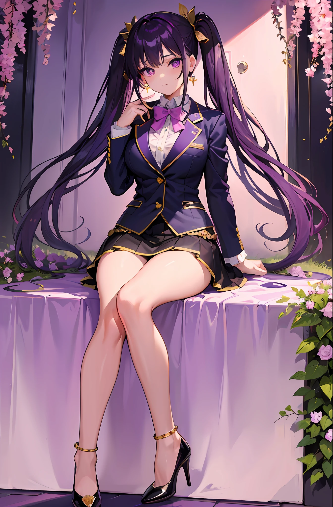 masterpiece, best quality, high_resolution, finely detailed, extremely detailed and beautiful, 1 girl, purple twintails, (purple eyes), sensory garden, blazer, delicate_gold_anklet, pink high heels, earrings