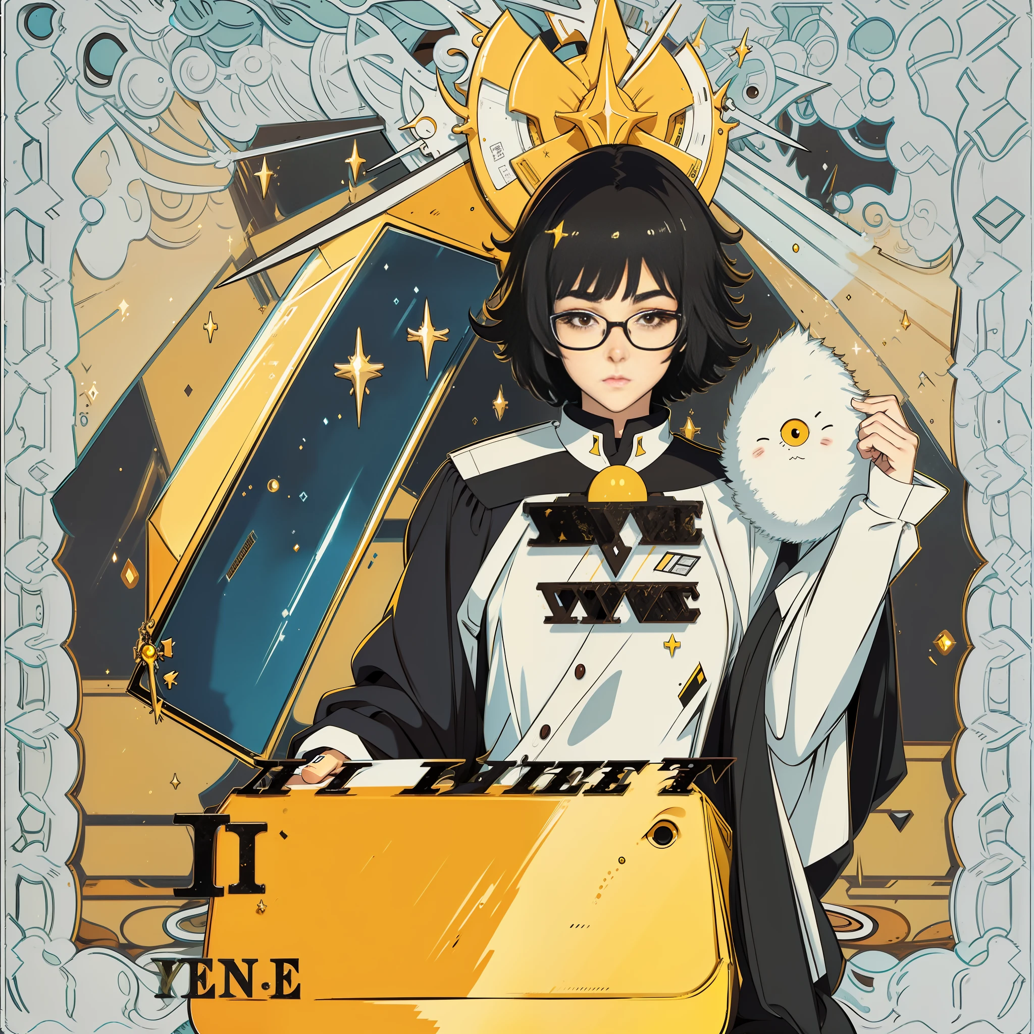 Female high school student, student head, short hair, black hair, Qi bangs, yellow eyes, rectangular frame glasses, high quality, anime characters, beauty, sharp eyes