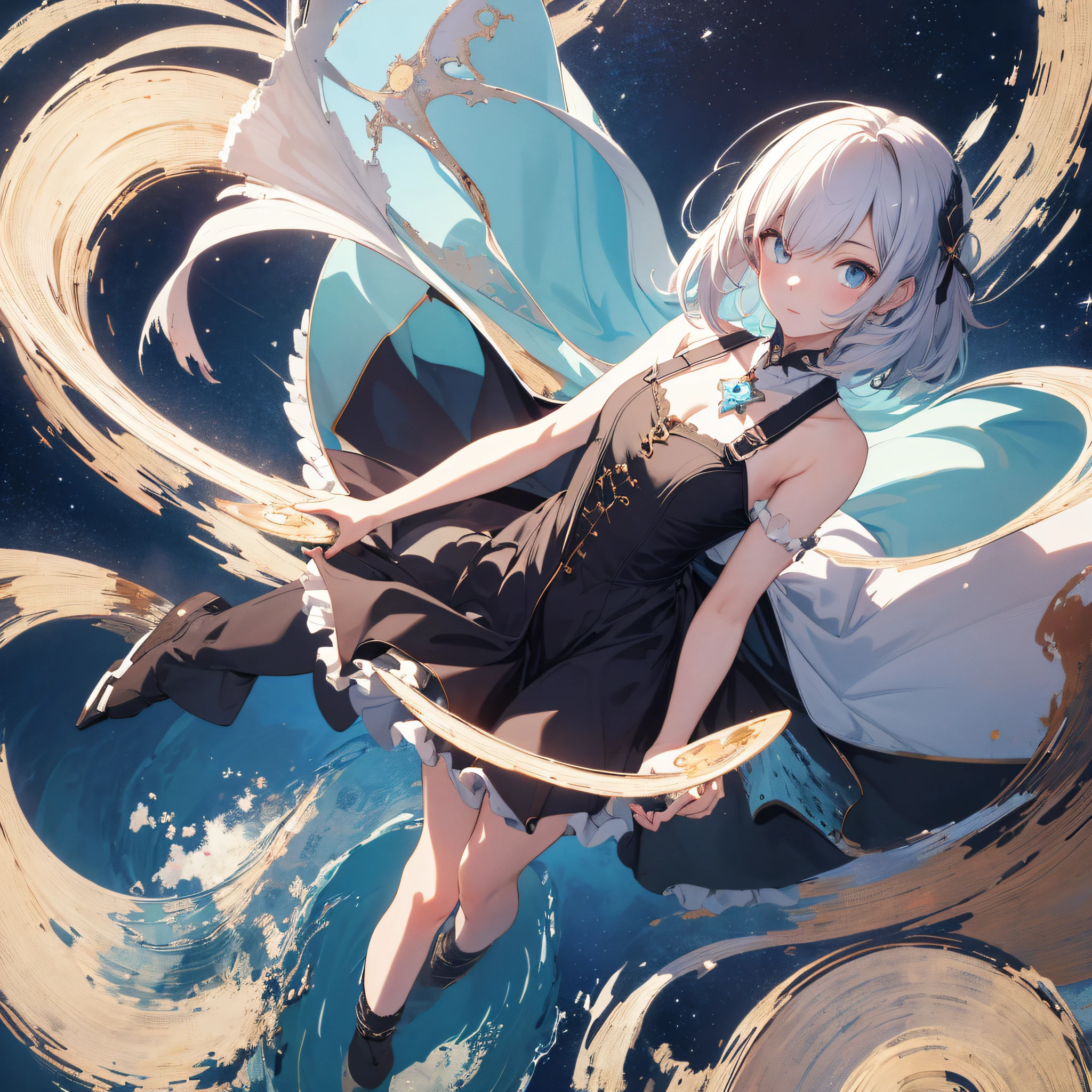 absurd res, high res, (masterpiece:1.4), ultra-detailed, 1girl, from above, space, floating