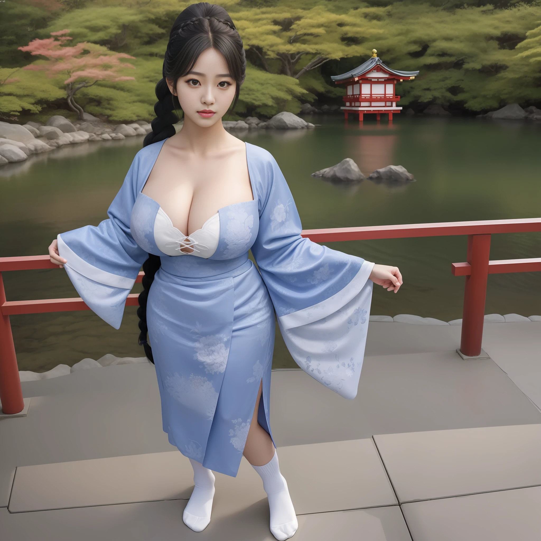 A beautiful girl, Idol k-pop face, cute face, braid hair, intricate face details, detailed face, golden ratio face, super big breasts, big butt, big hip, big thighs, iricate hands, intricate feets, full body, 64K, UHD, HDR, global illumination, high quality, high detailed, hyper detailed, extremely detailed, photo realistic, ultra realistic, art photo, clarify the details, detailed parts body, intricate artwork masterpiece, trending on artstation, wearing uniform, long socks, japan jinja background, standing and posing sexy, big cleavage