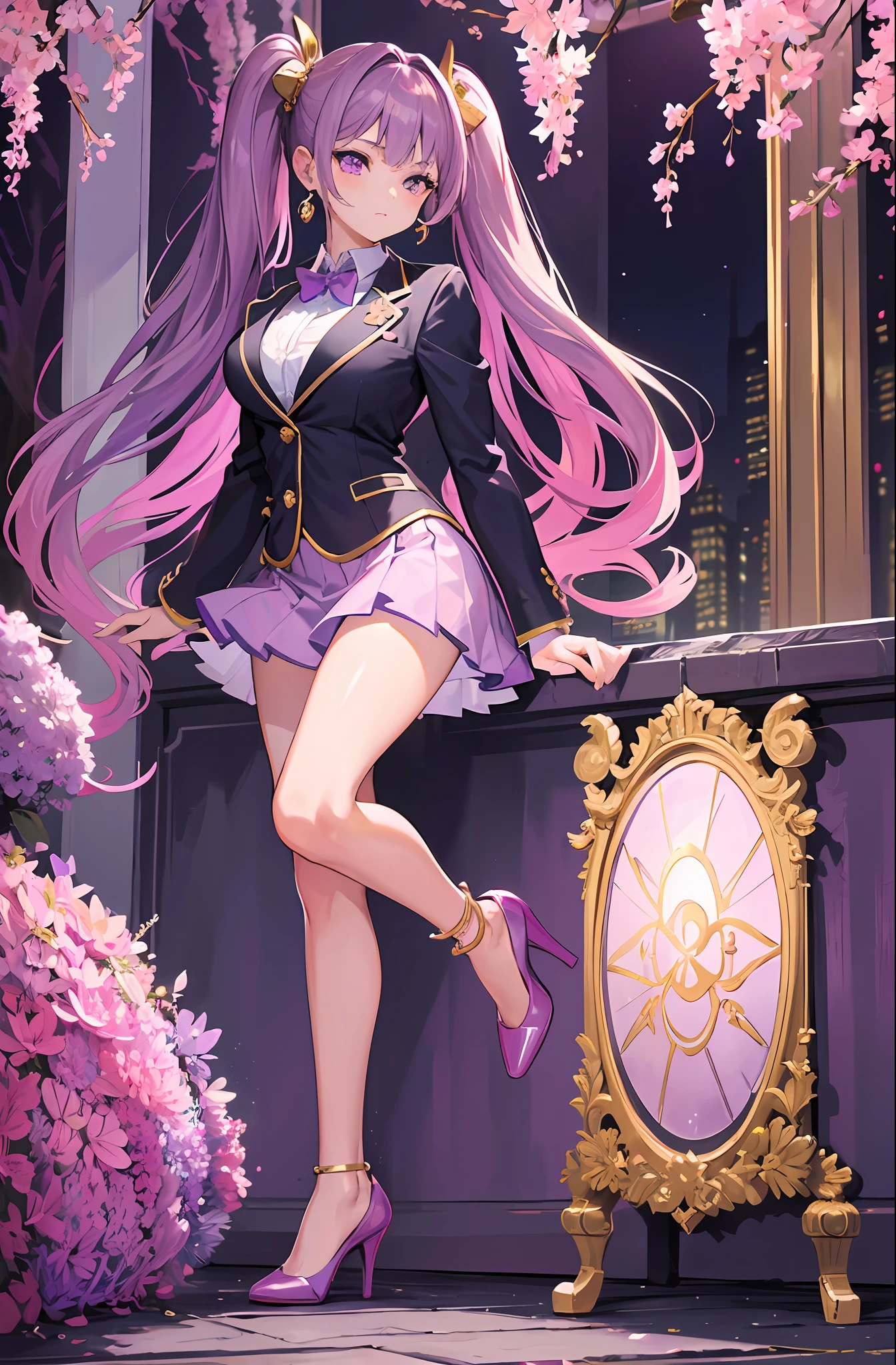 masterpiece, best quality, high_resolution, finely detailed, extremely detailed and beautiful, 1 girl, purple twintails, (purple eyes), sensory garden, blazer, delicate_gold_anklet, pink high heels, earrings