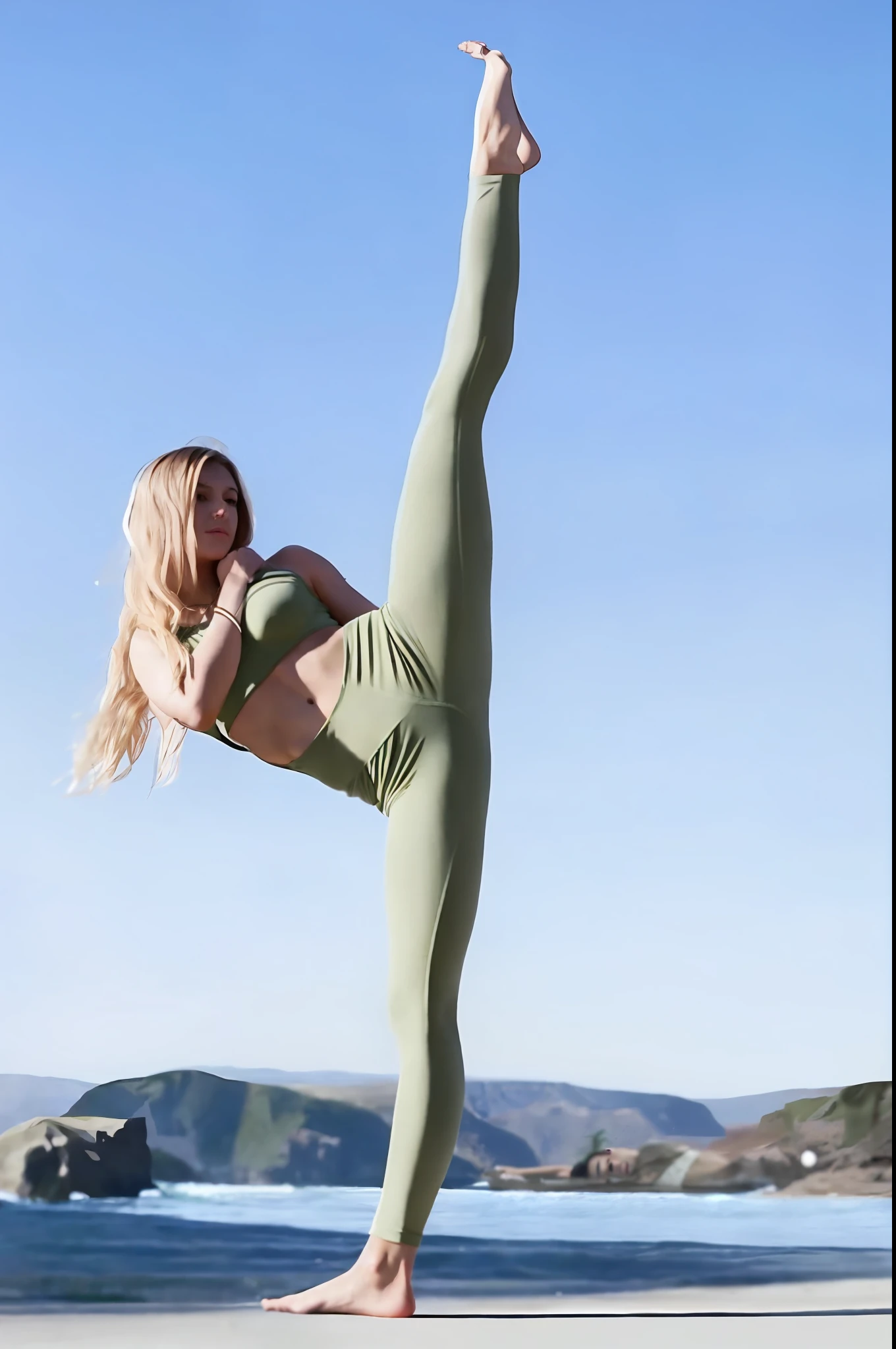 a woman in a green outfit doing a yoga pose on a beach, karolina cummings, powerful pose, contorted, kailee mandel, corinne day, alana fletcher, perfect dynamic pose, dramatic standing pose, dramatic powerful pose, jamie coreth, acrobatic pose, caroline gariba, girl dancing on cliff, brooke ashling, noelle stevenson