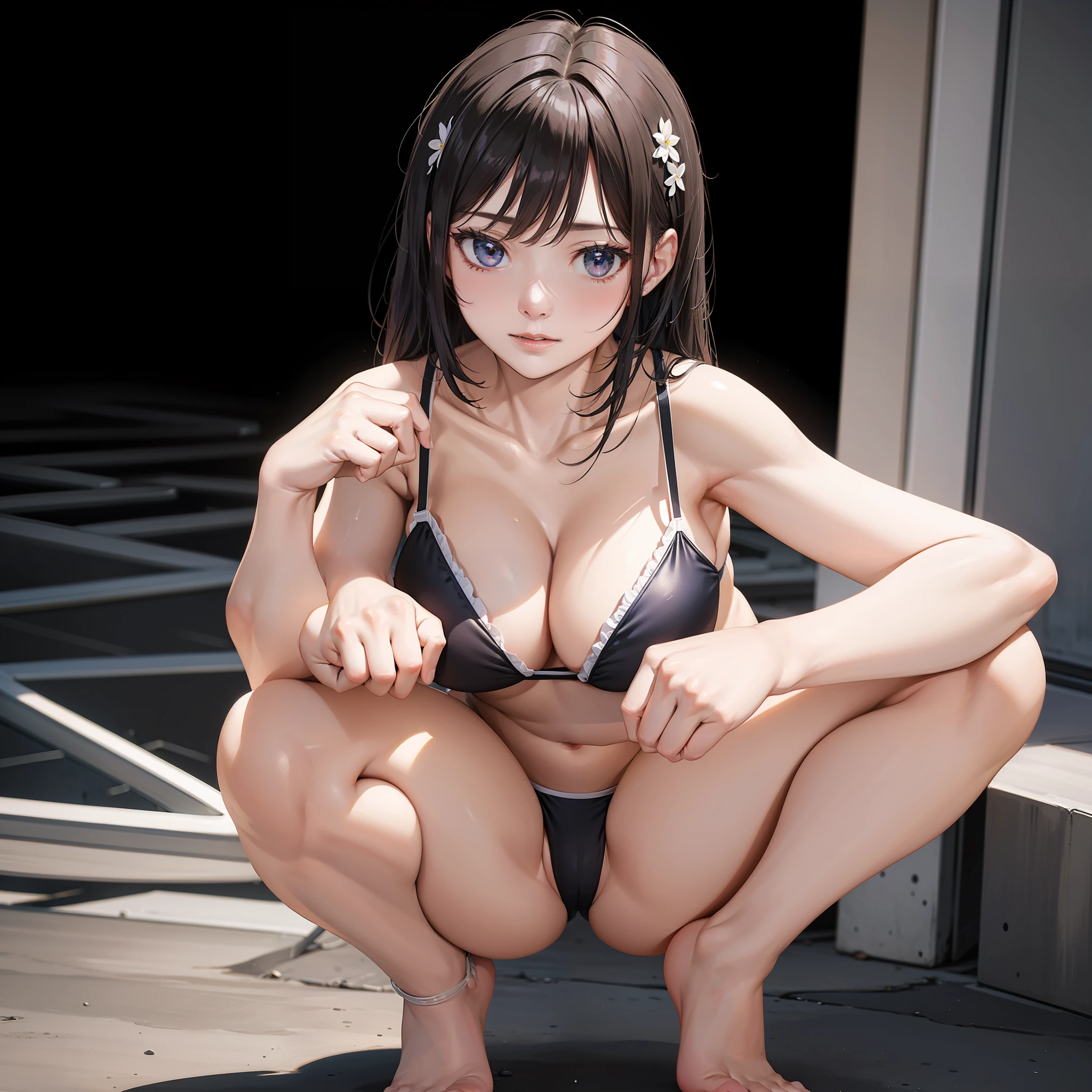 Masterpiece, best quality, high quality 8k wallpaper, high detail, 1 busty girl, wearing three-point swimsuit, squatting in M-leg pose, front view, revealing privacy