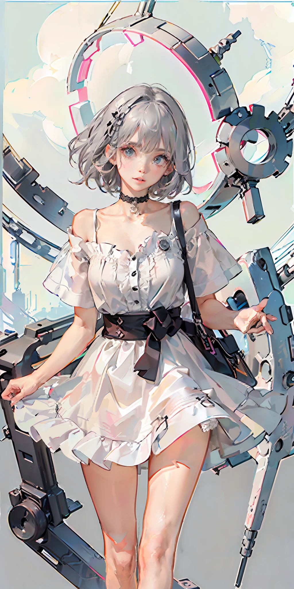 (highest quality), (masterpiece), (super detailed), (eye detail: 1.0), (lens flare: 1.0), (movie poster: 1.0), (tarot border: 1.0), portrait center, (close-up: 1.0), a girl, solo, ((grey eyes)), (messy long grey hair), medium breasts, ((collarbone, groin, narrow waist,slender,thin)),(pink lips),grey hair,white dress,simple background,lift dress,(white panties)