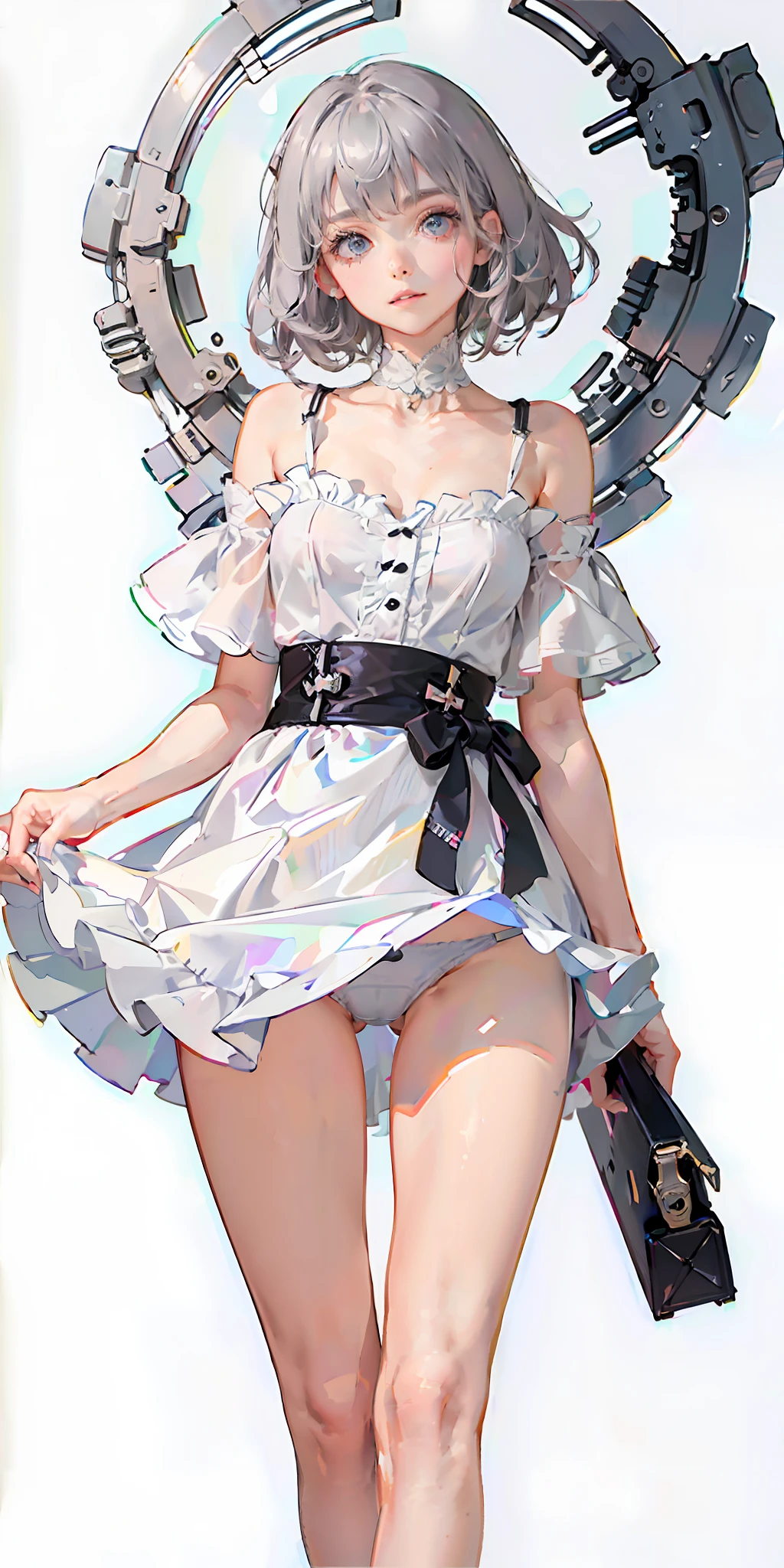 (highest quality), (masterpiece), (super detailed), (eye detail: 1.0), (lens flare: 1.0), (movie poster: 1.0), (tarot border: 1.0), portrait center, (close-up: 1.0), a girl, solo, ((grey eyes)), (messy long grey hair), medium breasts, ((collarbone, groin, narrow waist,slender,thin)),(pink lips),grey hair,white dress,simple background,lift dress,(white panties)