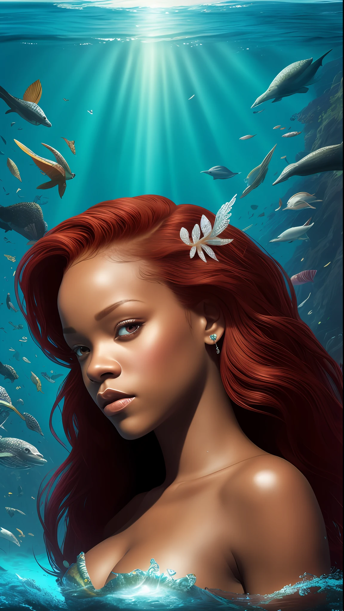 rihanna, black skin, detailed face,red hair, like princess ariel, disney movie the little mermaid, mermaid, mermaid body, showing mermaid syrup, with mermaid scales, mermaid greek mythology,scales on the chest, shiny, whole body, beautiful, goddess of the seas, most beautiful girl of the seas, at the bottom of the sea, navigating inside the water, queen of the waters, accessories, sea shells, hair floating in water, Best quality, realistic, realistic, award-winning illustration, (highly detailed face and skin texture), (full body), (complicated detail: 1.2), (fine detail), (complicated detail), (cinematic lights, best quality backlight), sharp lines, sharp focus, official art, 8k unit wallpaper, absurd, unbelievably absurd, huge file size, ultra- , fantasy art, rtx,((closeup photo by award-winning studio)), , (shut up), , perfect hands, beautiful detailed eyes, Perfect Face