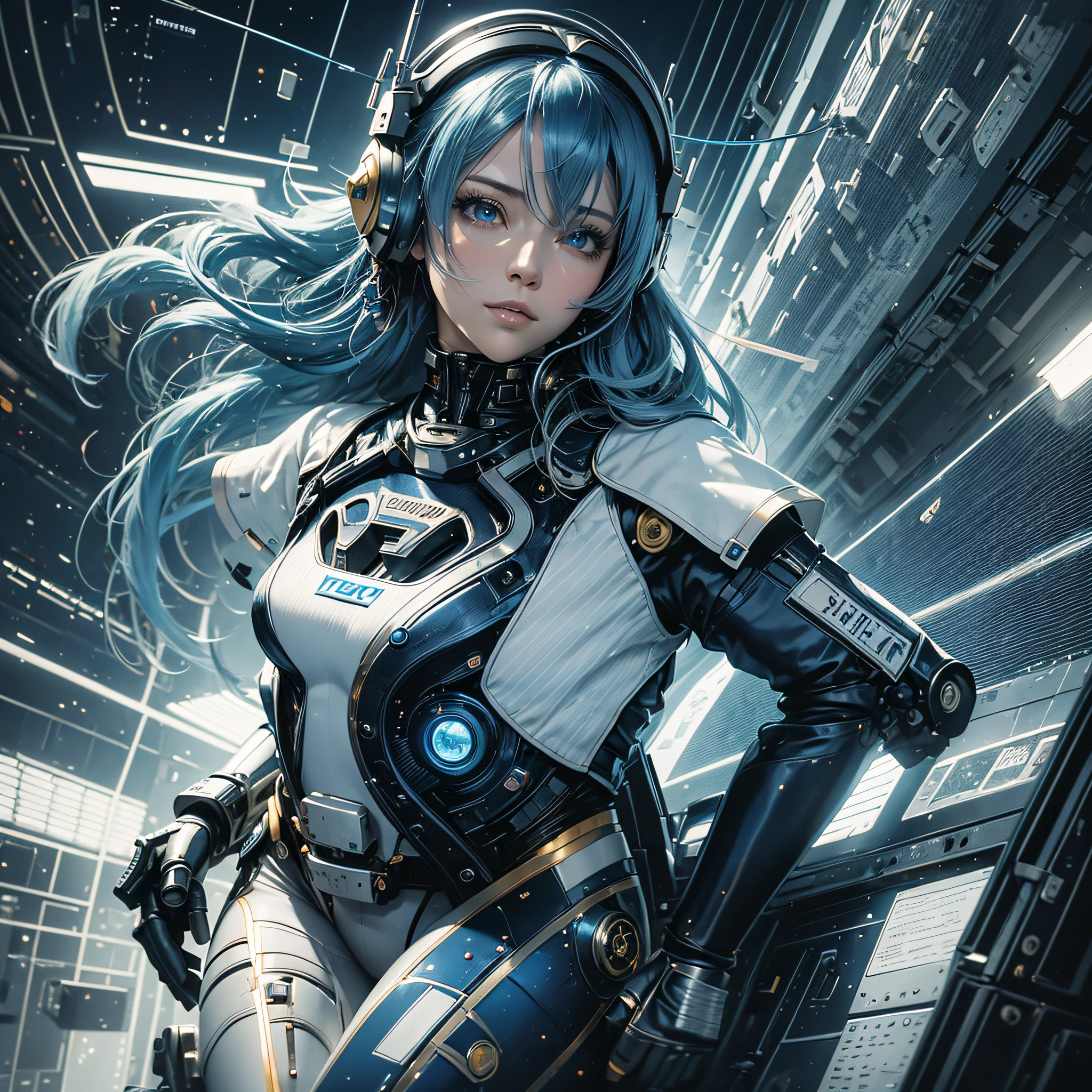 Full body, blue hair, blunt van, masterpiece, top quality, official art, album art, very elaborate CG Unity 8K wallpaper, lone girl, Japan girl, full body, super high resolution, (photorealistic: 1.4), dynamic angle, dynamic pose, mystical power, floating particles, reflection, so cute, sparkling blue color eyes, golden hour lighting, Pilot suit in white and blue and black colors, tight fitting clothes, full-body covering clothes, knee boots, (puffy eyes), viewer looking, front-facing, beauty, medium breasts, shirt lift, metal wire, slim body, arm-length gloves, anime heroine, gentle smile, headset, helmet, detailed robot cockpit, super futuristic space