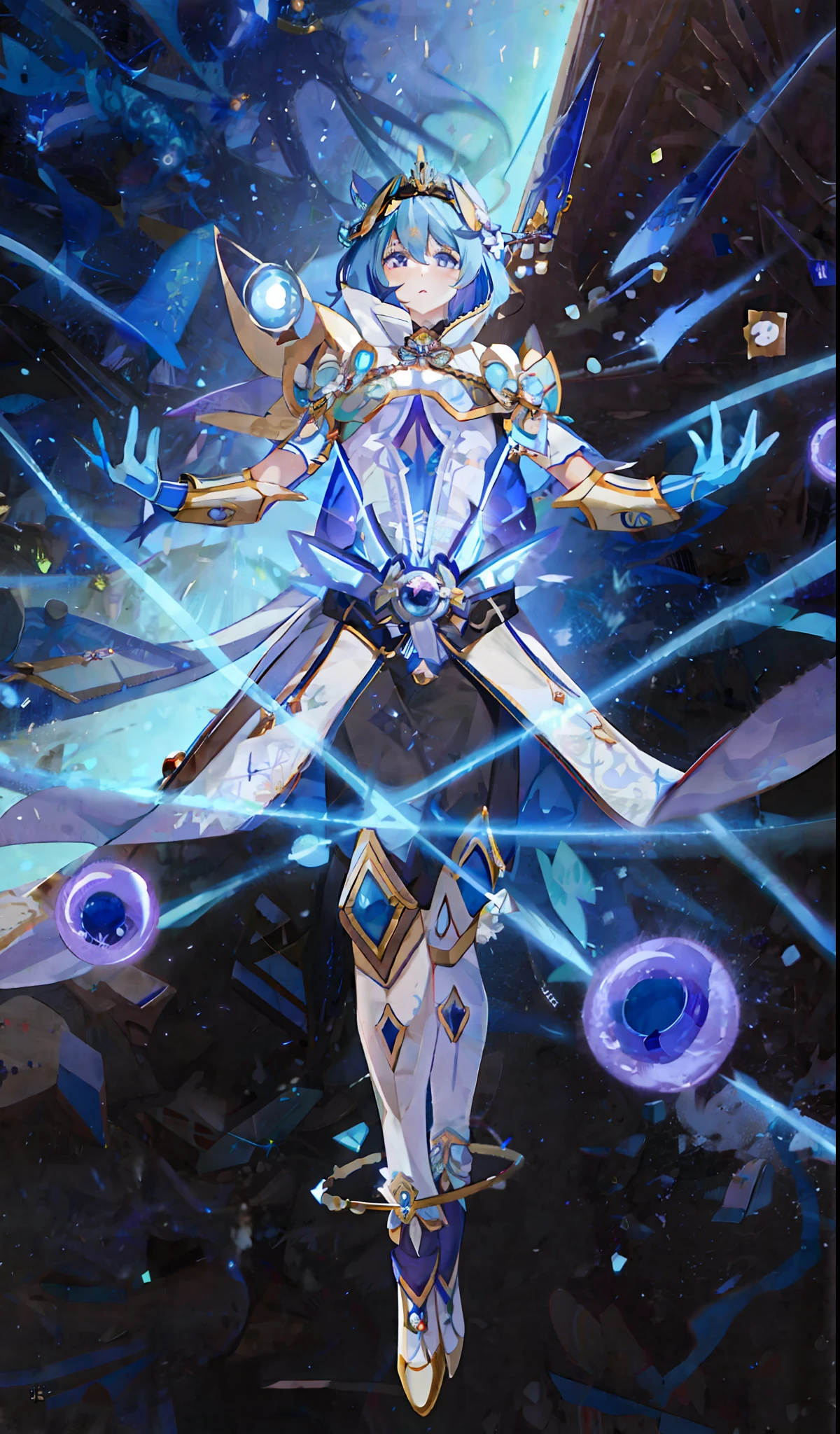 Anime characters with sword and blue dress in front of planets, cyborg goddess in universe, Keqing from Genshin Impact, beautiful celestial mage, galactic god, astral ethereal, galaxy goddess, astral background, Zhongli from Genshin impact, 8K HD wallpaper JPEG artifact, detailed key anime art, blue hair, firm expression, planet surrounding.